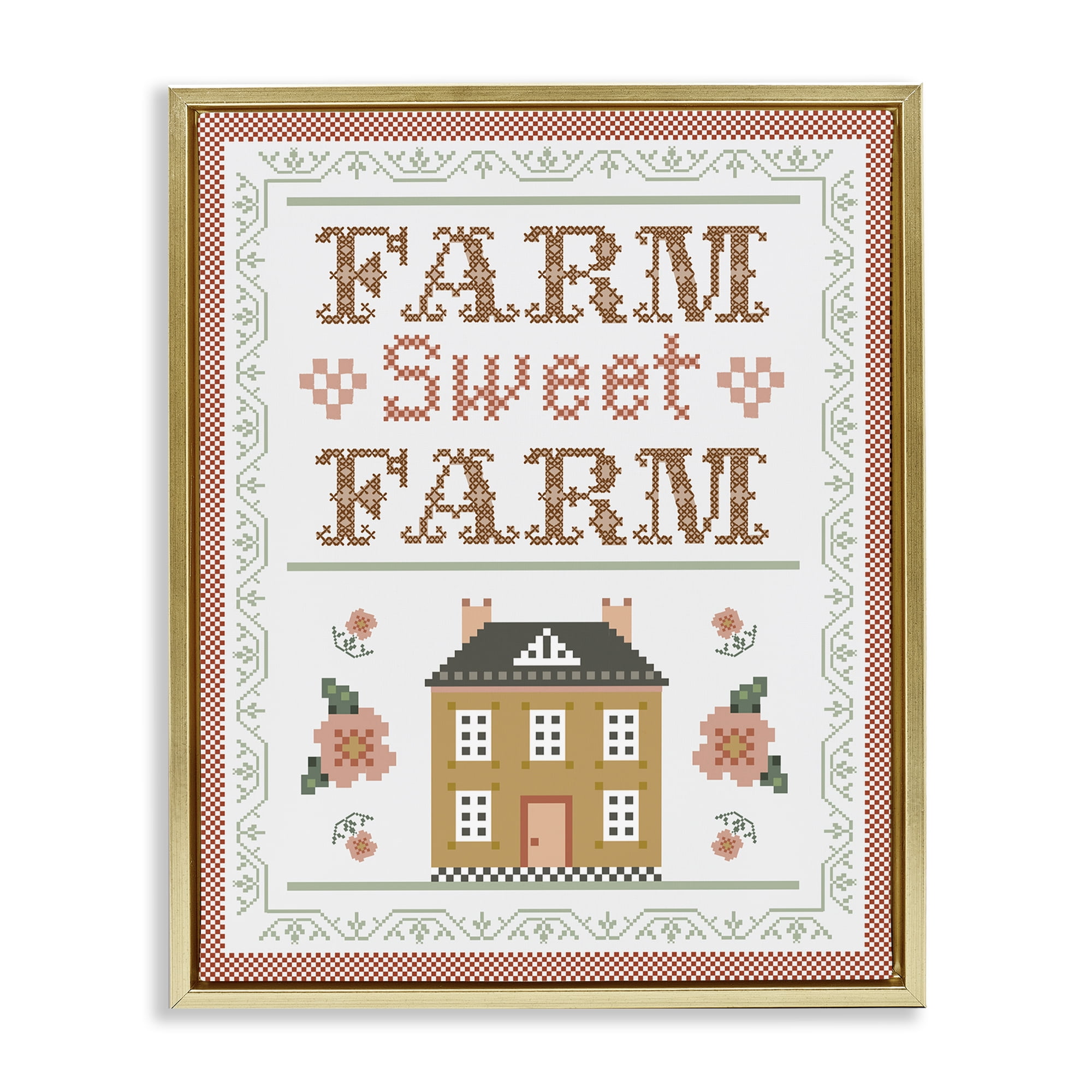 Stupell Industries Sweet Farm Needlepoint Style Text & Numbers Painting Gold Floater Framed Canvas Art Print Wall Art, 25 x 31