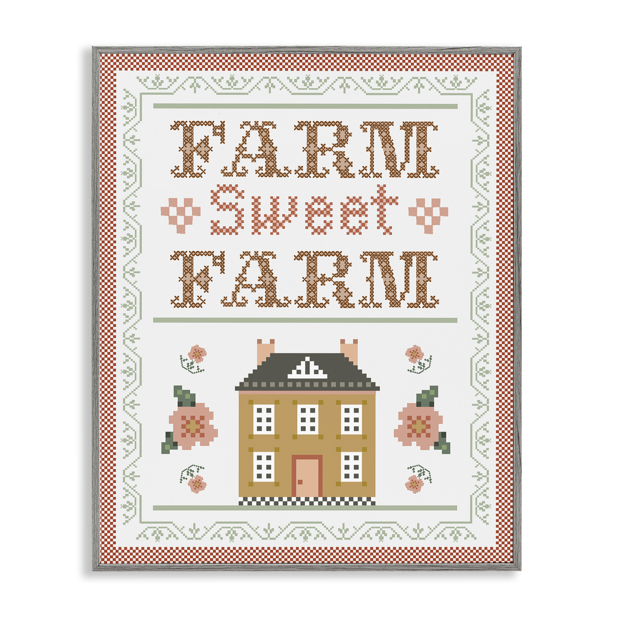 Stupell Industries Sweet Farm Needlepoint Style Text & Numbers Painting Gray Framed Art Print Wall Art, 16 x 20