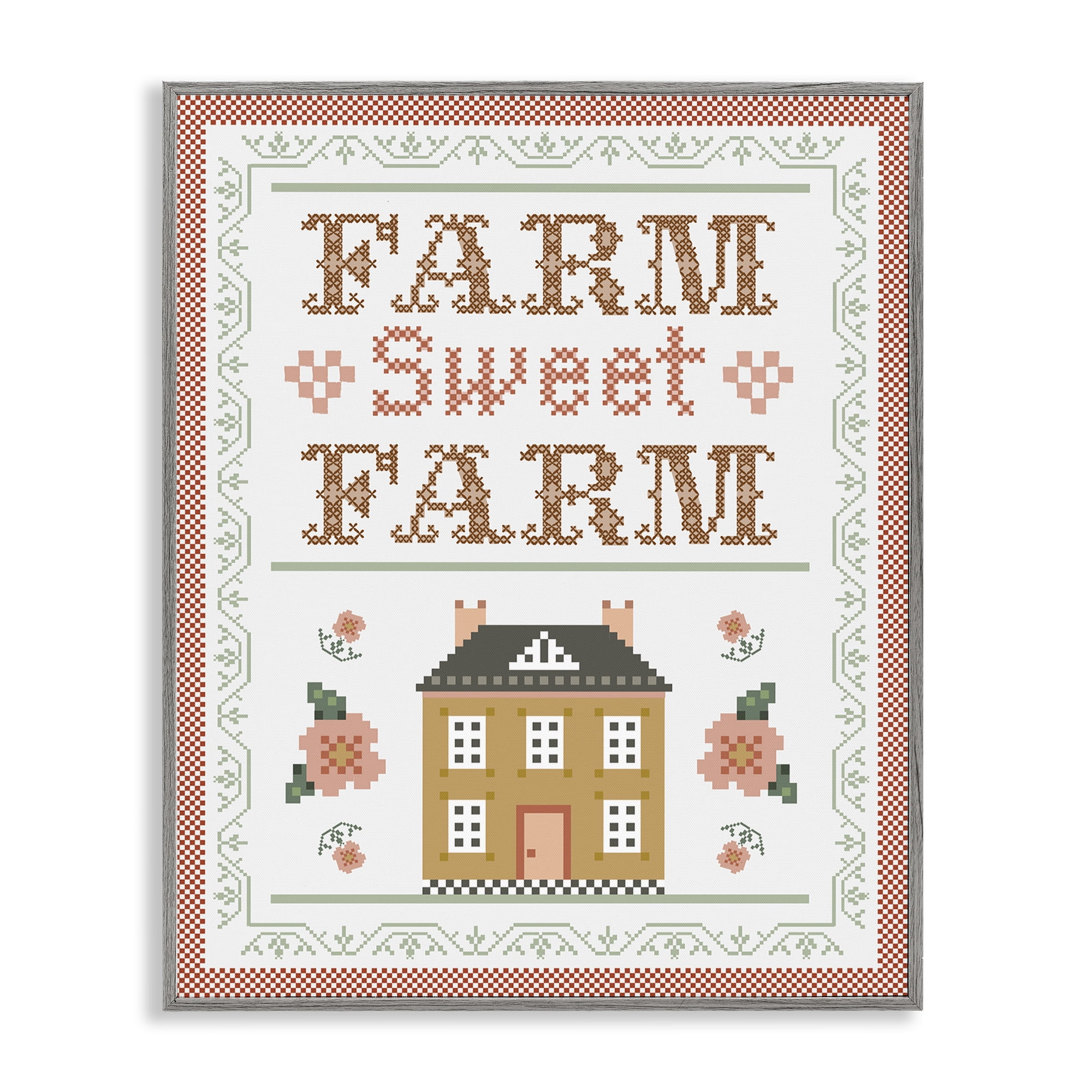 Stupell Industries Sweet Farm Needlepoint Style Text & Numbers Painting Gray Framed Art Print Wall Art, 24 x 30