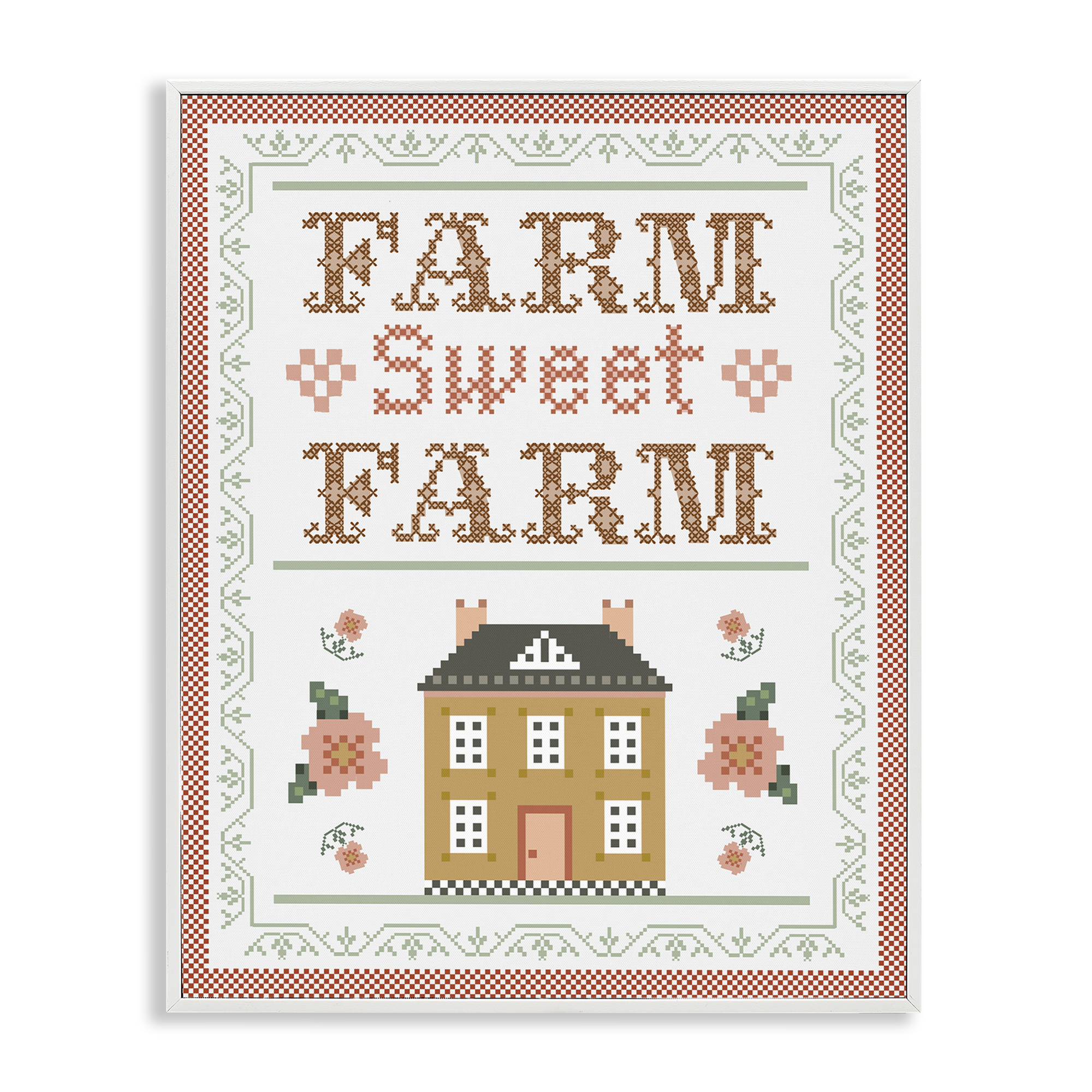 Stupell Industries Sweet Farm Needlepoint Style Text & Numbers Painting White Framed Art Print Wall Art, 16 x 20