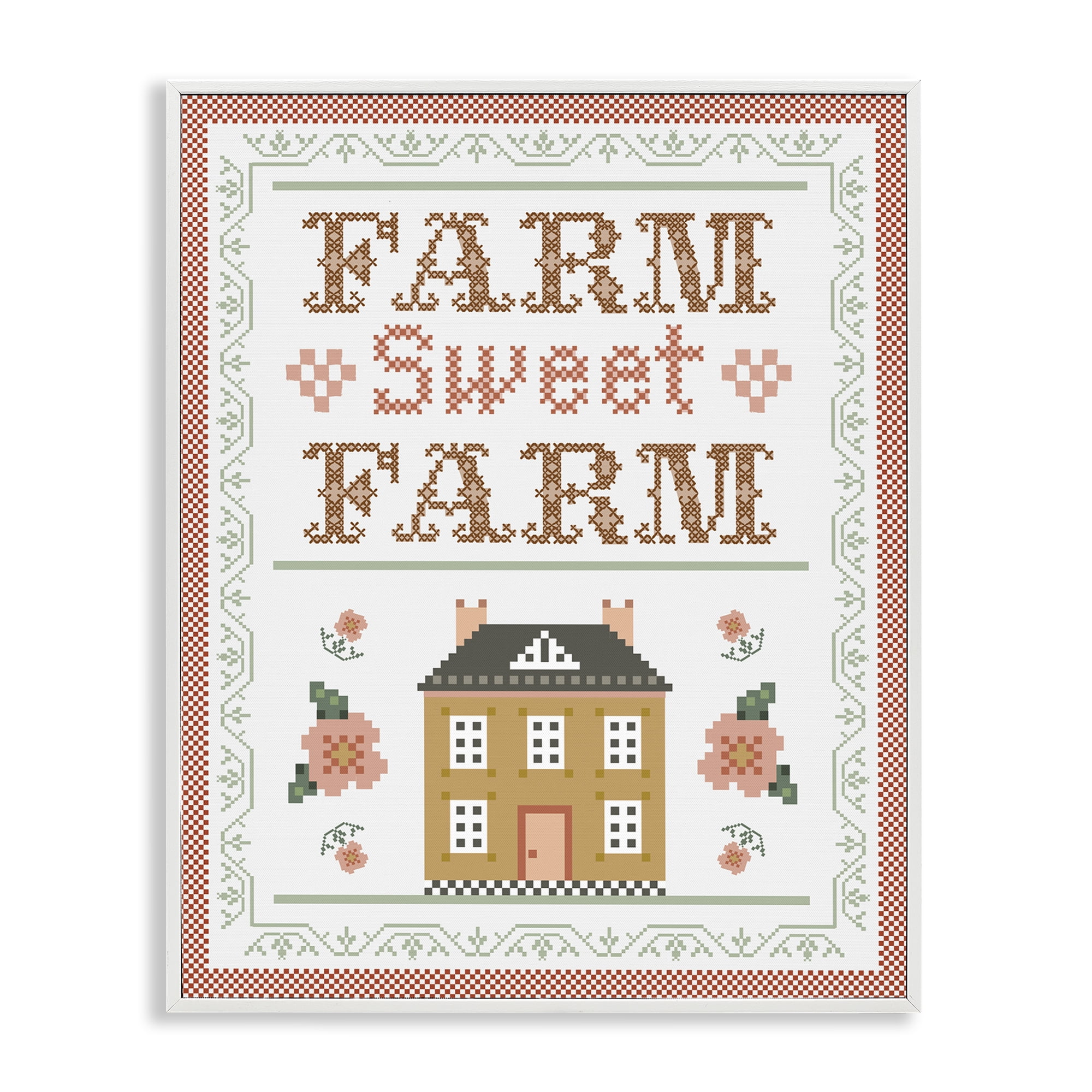 Stupell Industries Sweet Farm Needlepoint Style Text & Numbers Painting White Framed Art Print Wall Art, 24 x 30