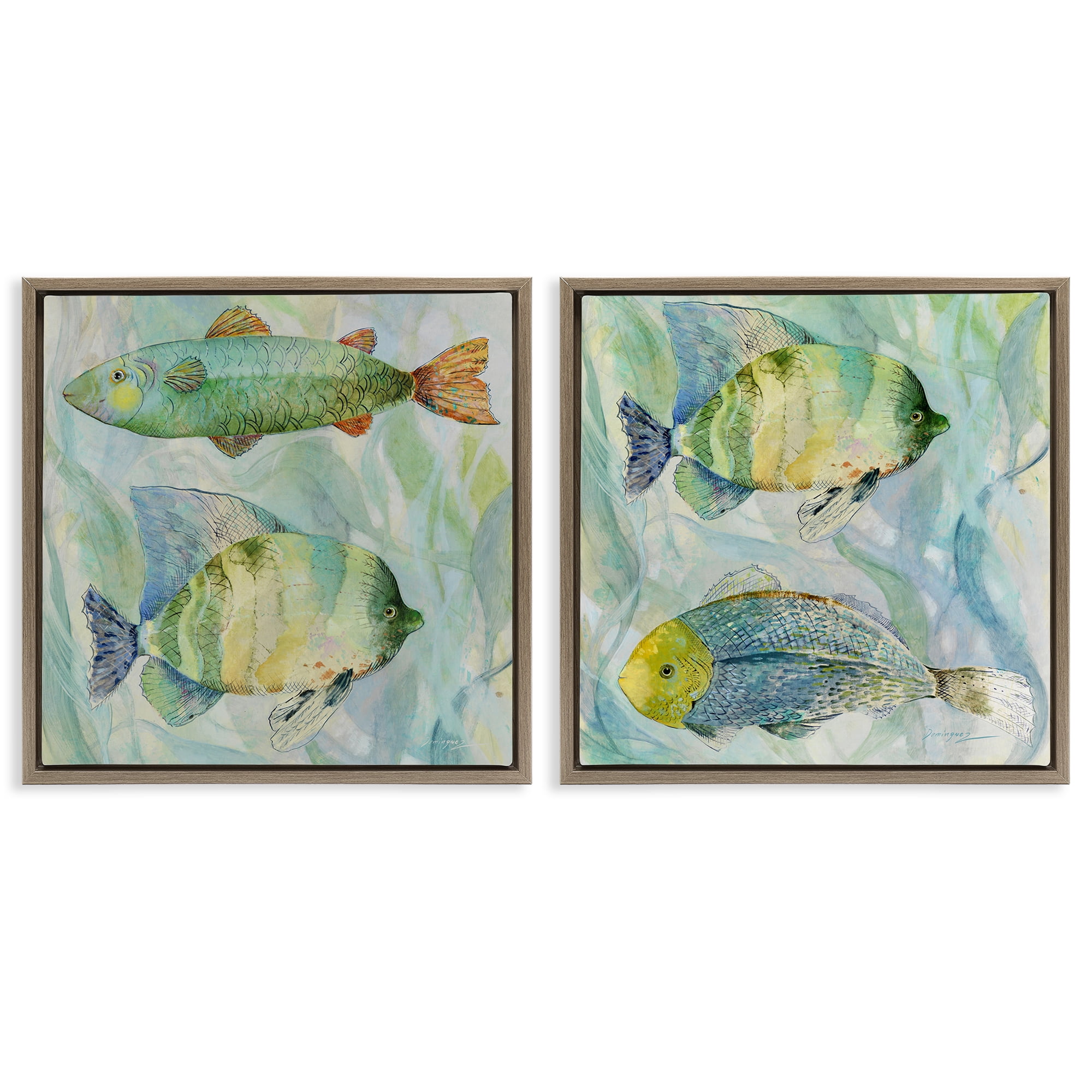 Stupell Industries Sweet Fish Aquatics 2 Piece Brown Framed Floater Canvas Set, design by Lorenzo Collective