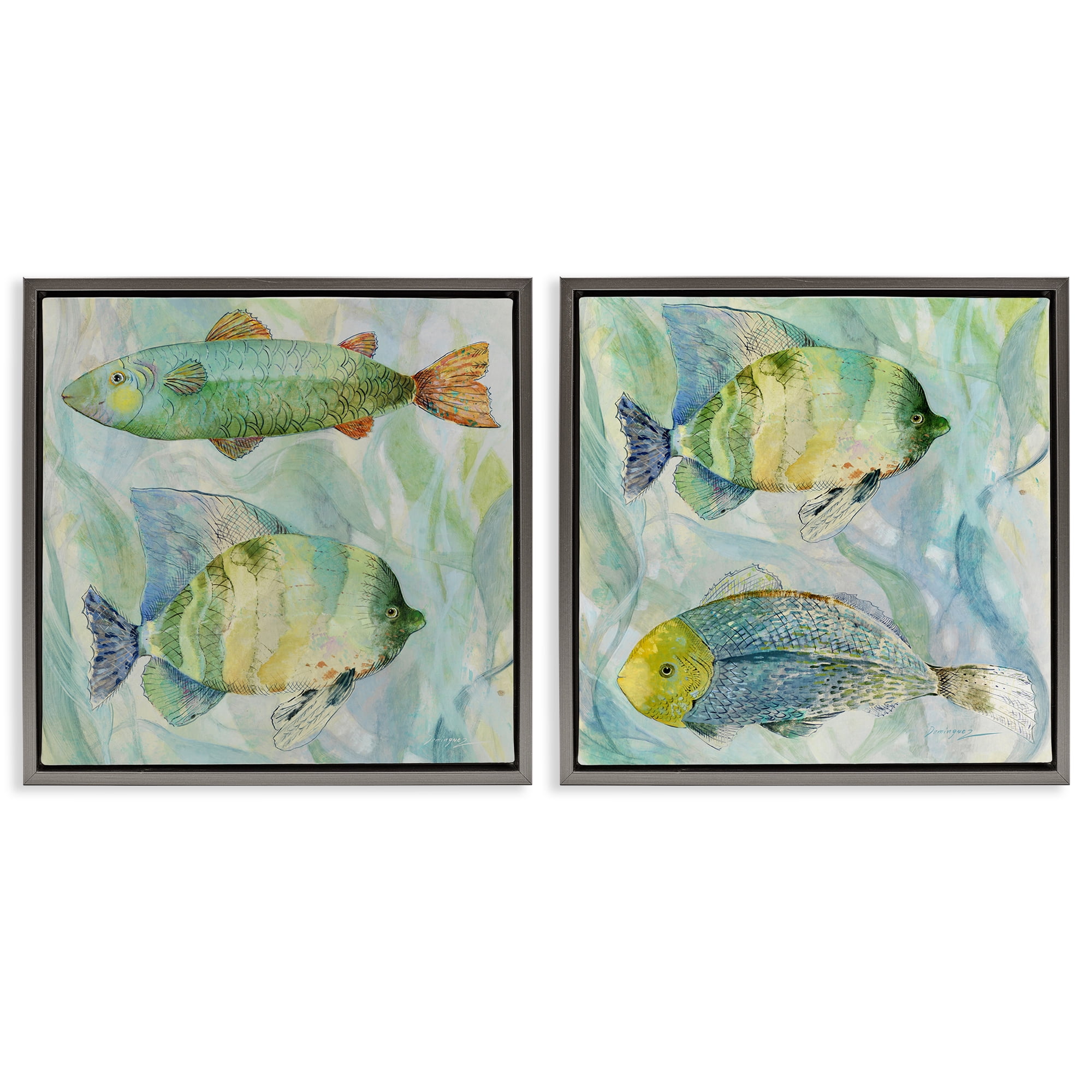 Stupell Industries Sweet Fish Aquatics 2 Piece Gray Framed Floater Canvas Set, design by Lorenzo Collective