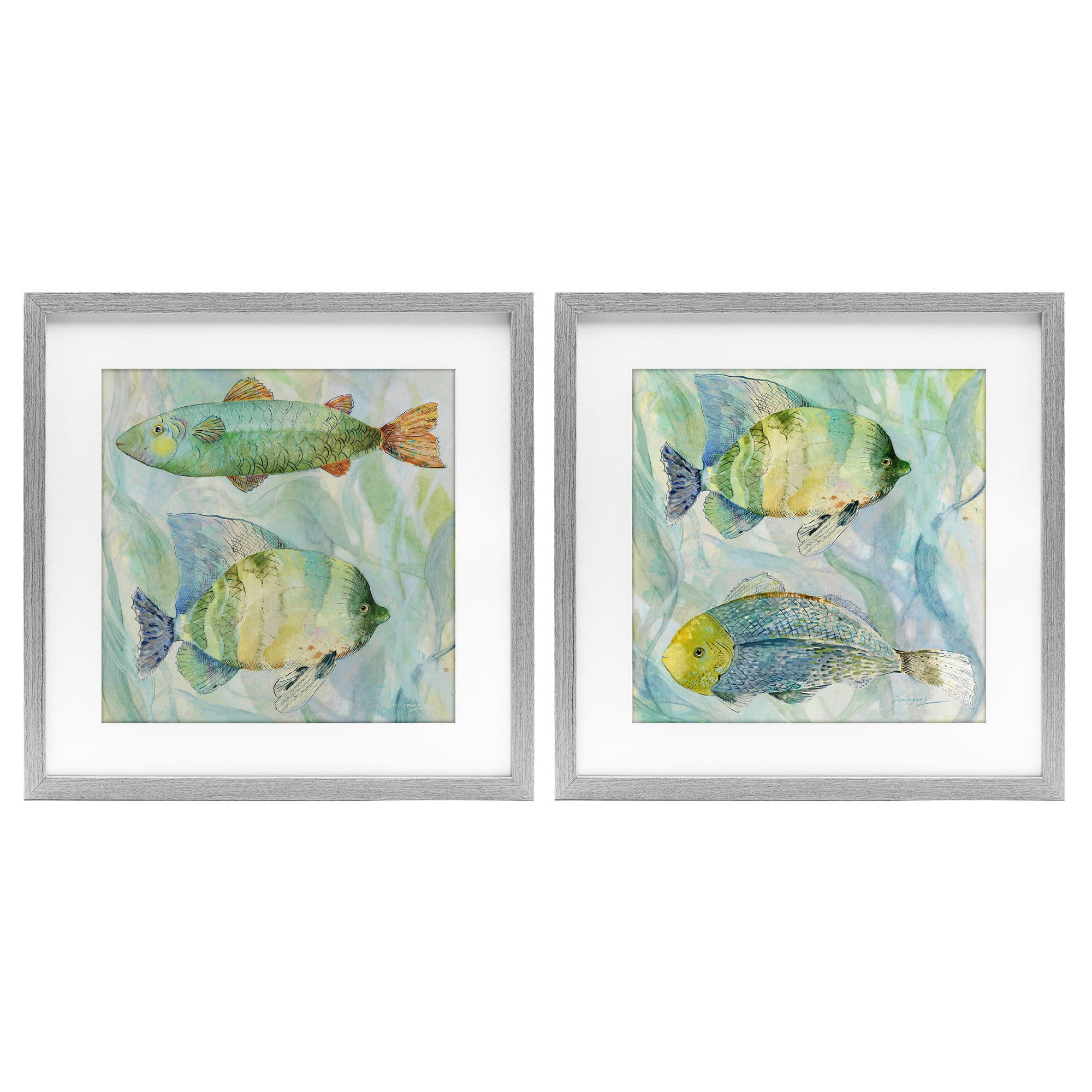Stupell Industries Sweet Fish Aquatics 2 Piece Gray Framed Print Under Glass Set, design by Lorenzo Collective