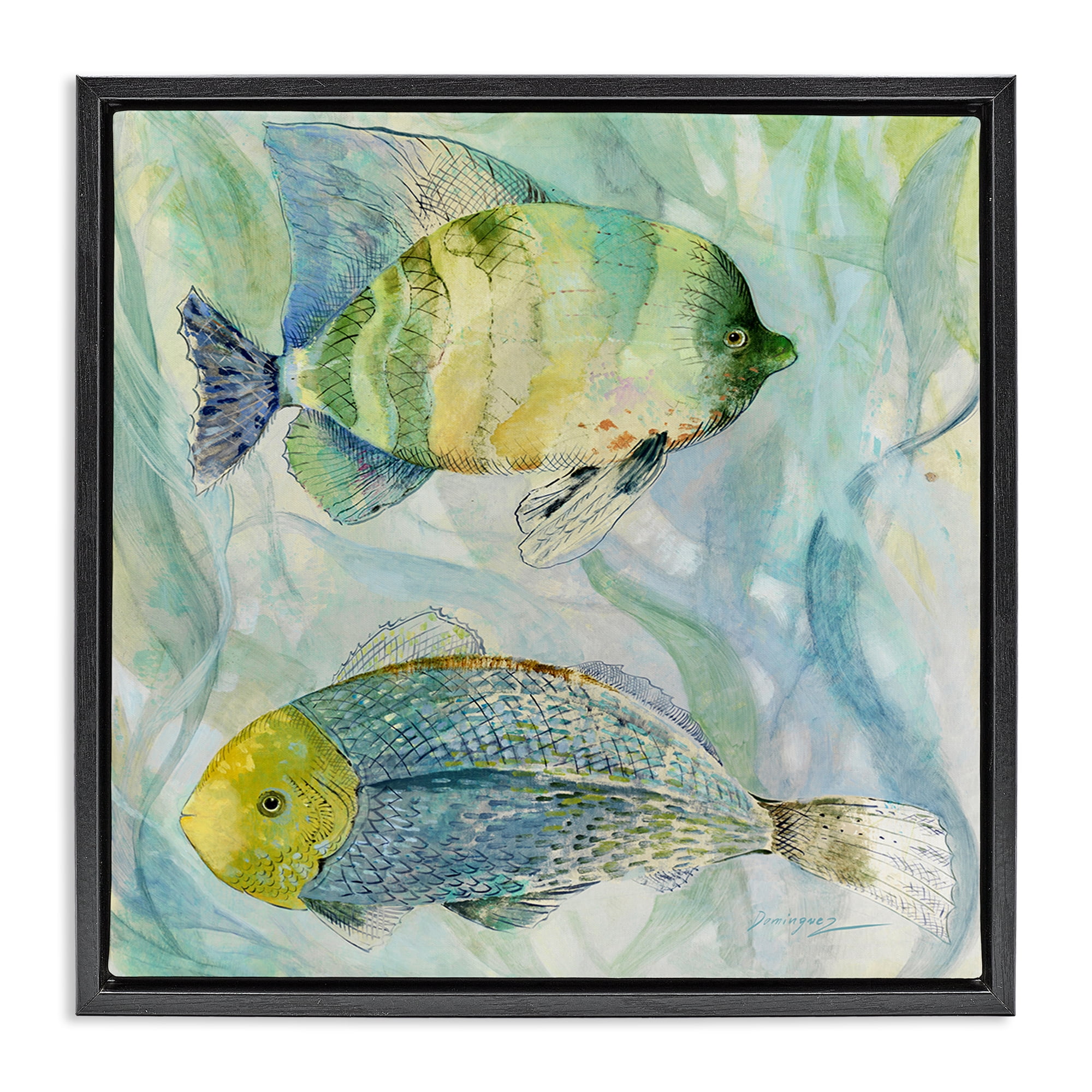 Stupell Industries Sweet Fish Duo Blue Green Black Framed Floater Canvas Wall Art, design by Lorenzo Collective