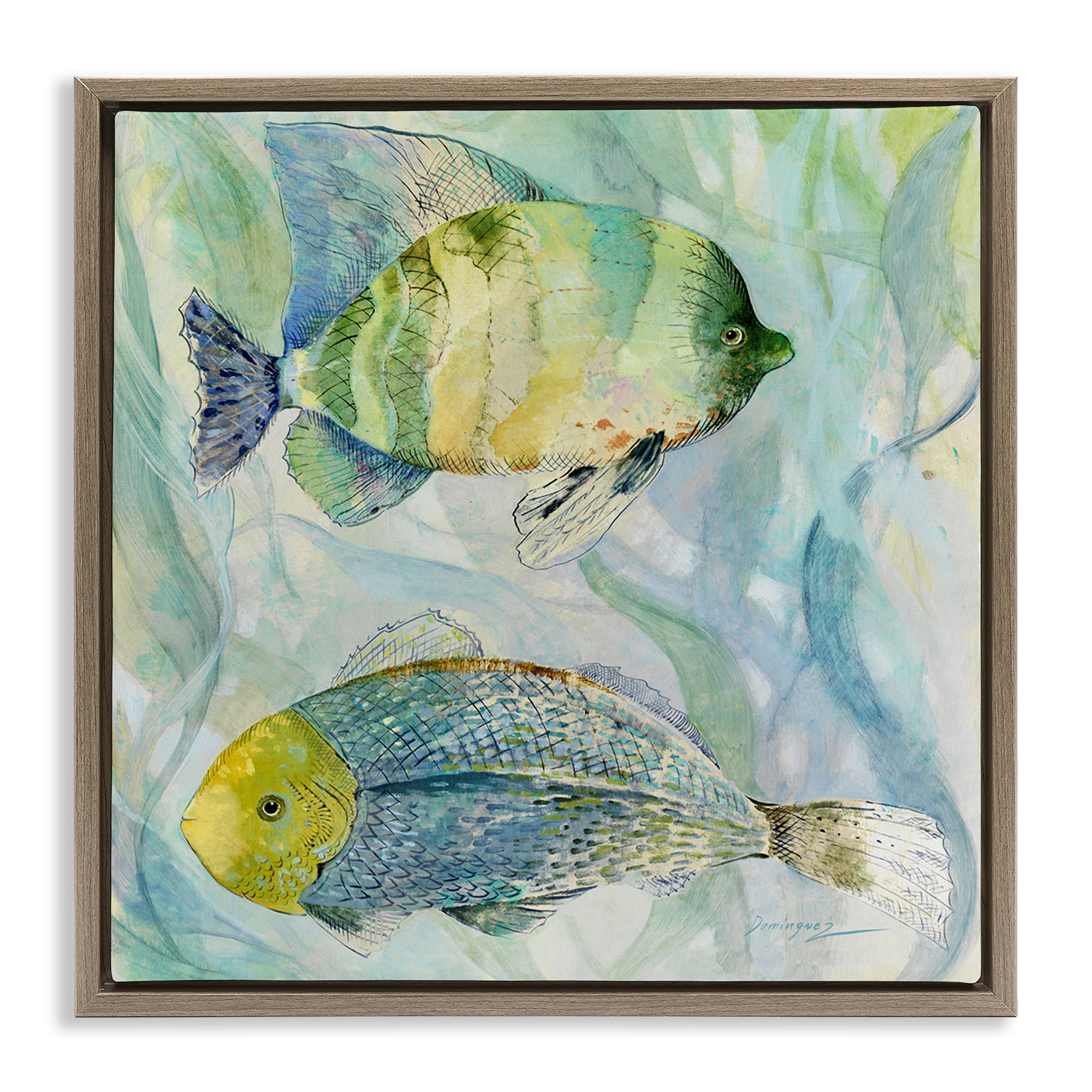 Stupell Industries Sweet Fish Duo Blue Green Brown Framed Floater Canvas Wall Art, design by Lorenzo Collective