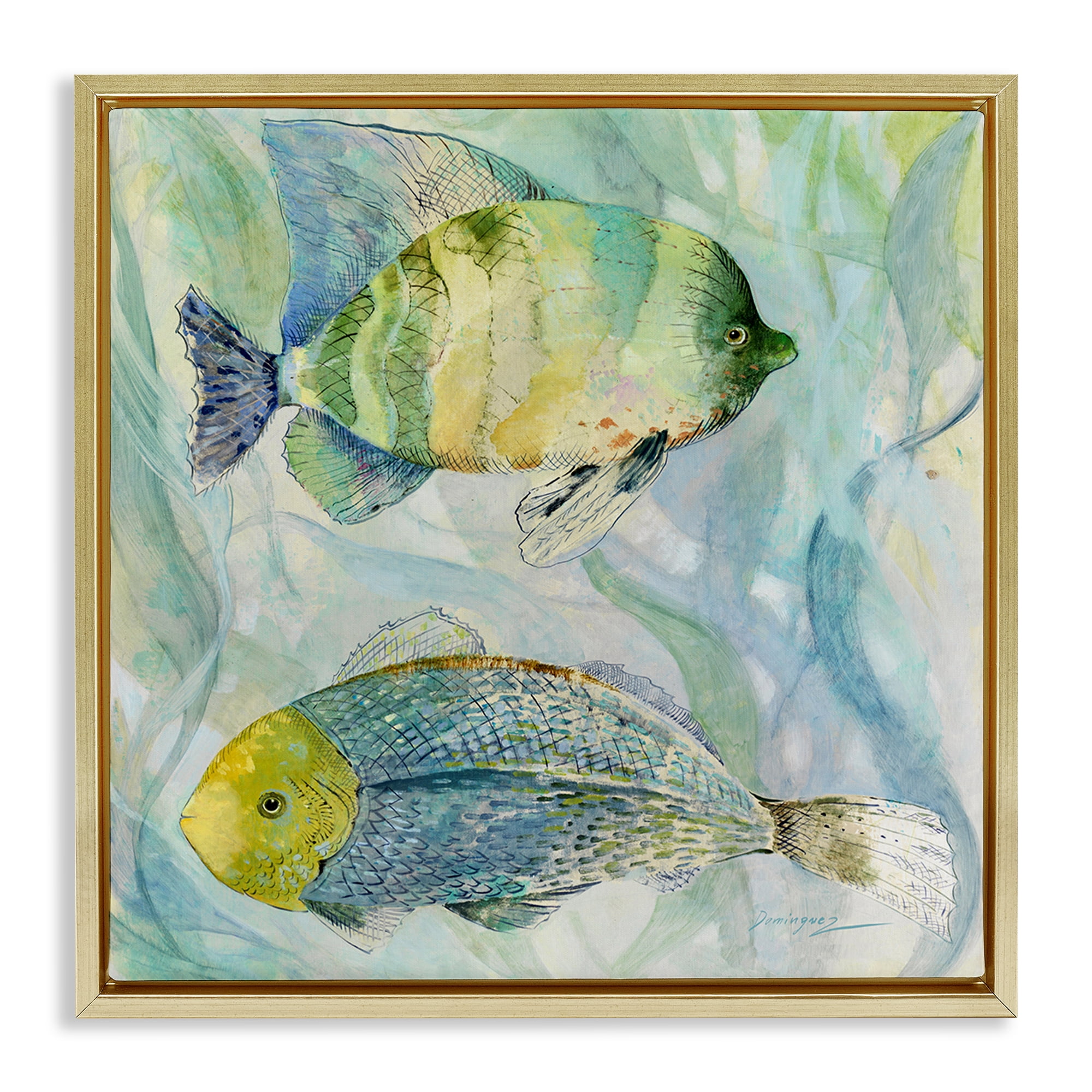 Stupell Industries Sweet Fish Duo Blue Green Gold Framed Floater Canvas Wall Art, design by Lorenzo Collective