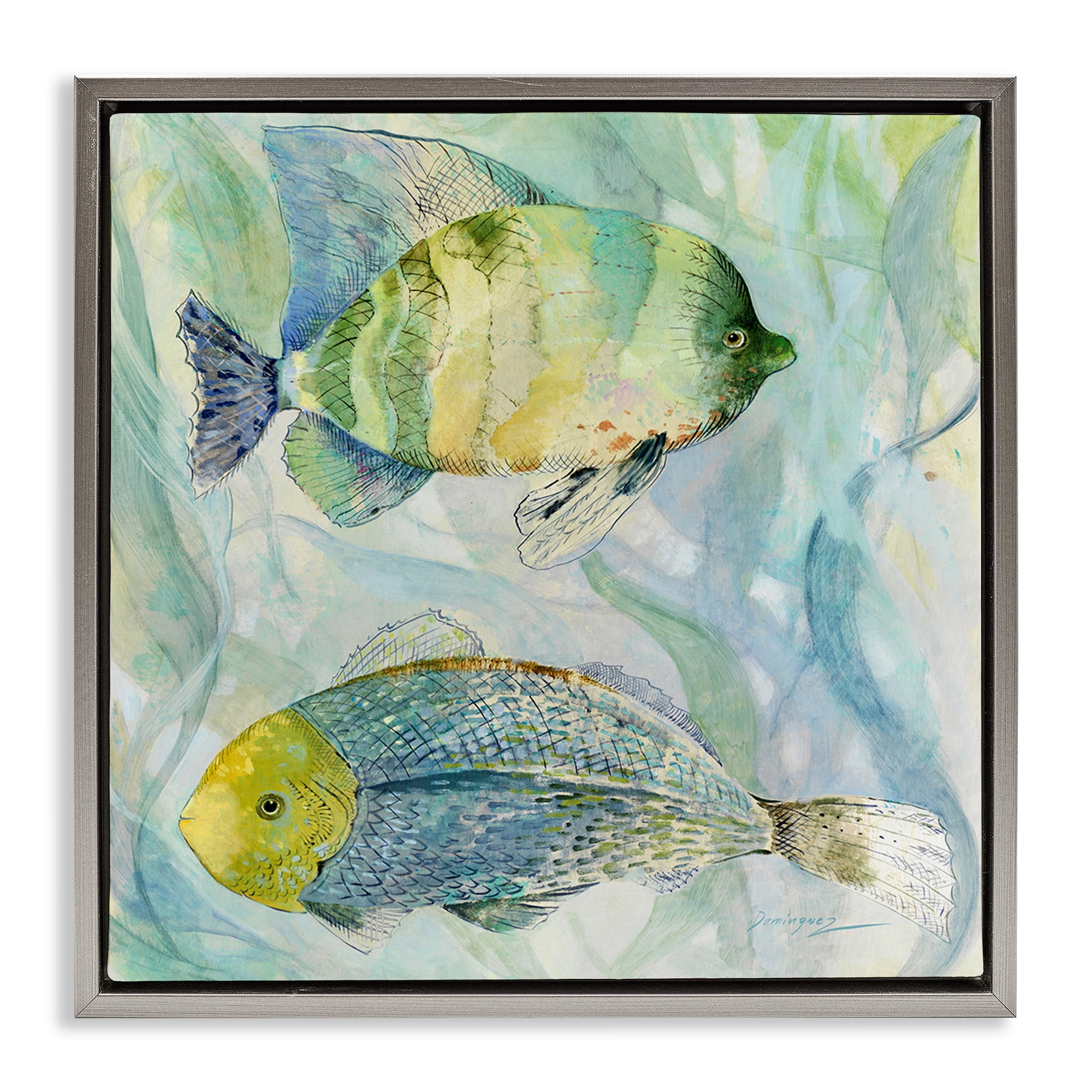 Stupell Industries Sweet Fish Duo Blue Green Gray Framed Floater Canvas Wall Art, design by Lorenzo Collective