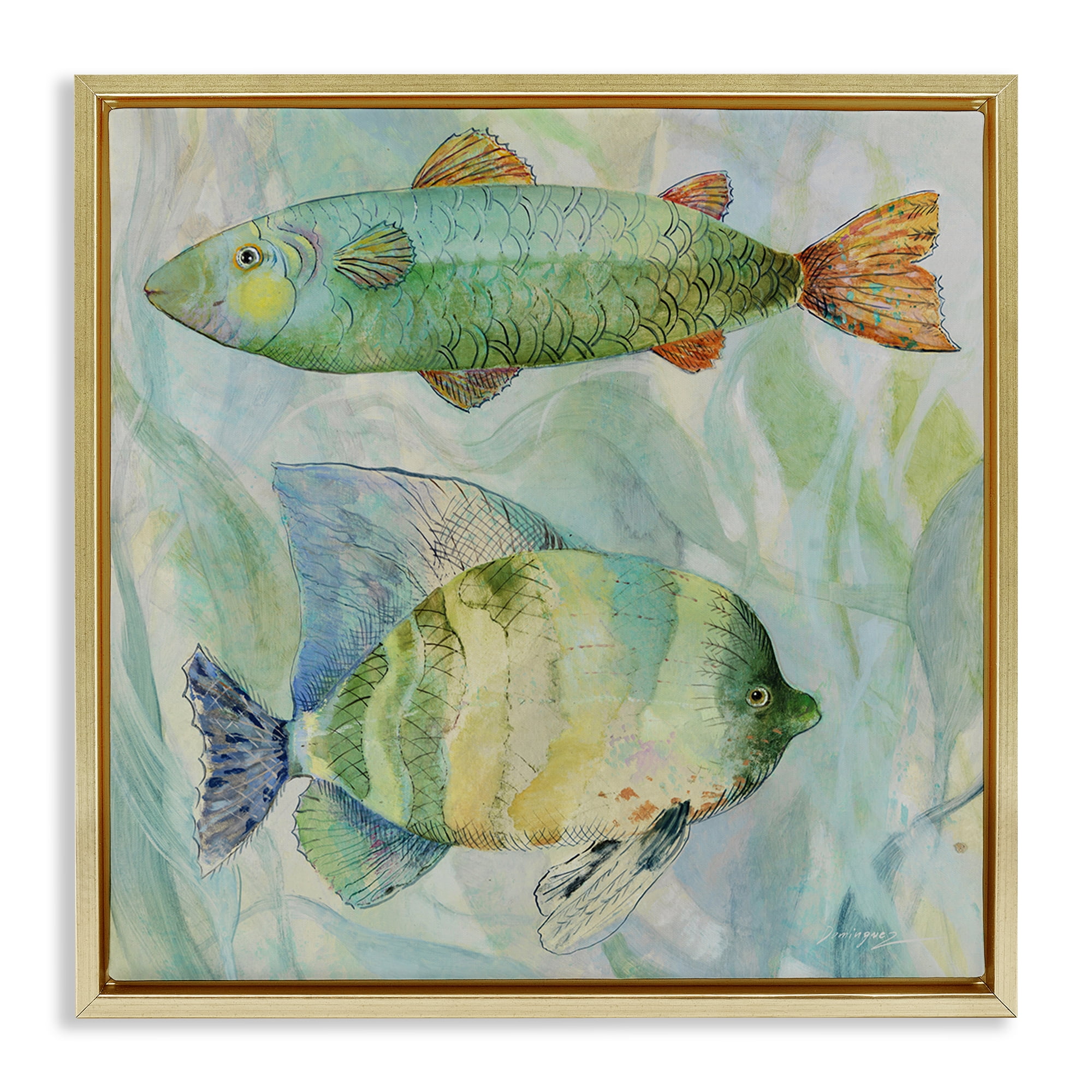 Stupell Industries Sweet Fish Duo Watercolor Gold Framed Floater Canvas Wall Art, design by Lorenzo Collective