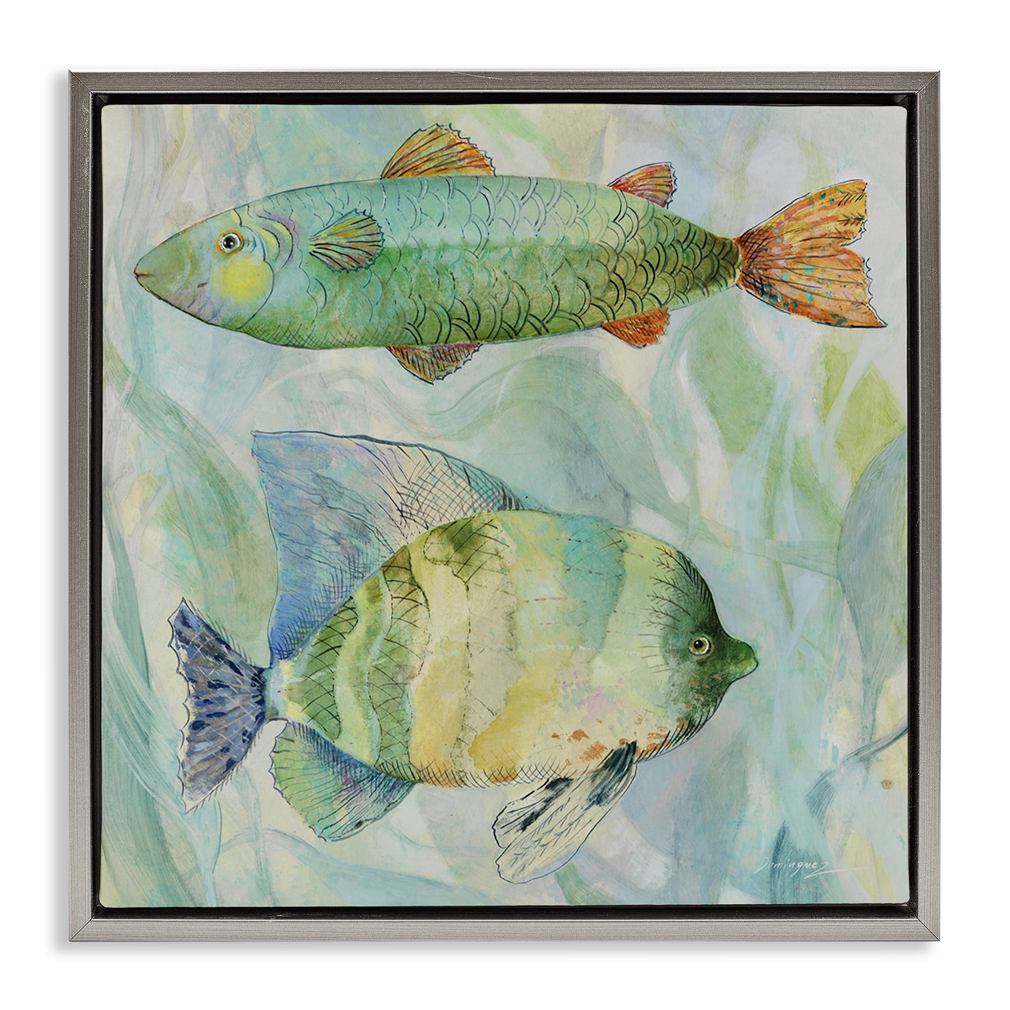 Stupell Industries Sweet Fish Duo Watercolor Gray Framed Floater Canvas Wall Art, design by Lorenzo Collective