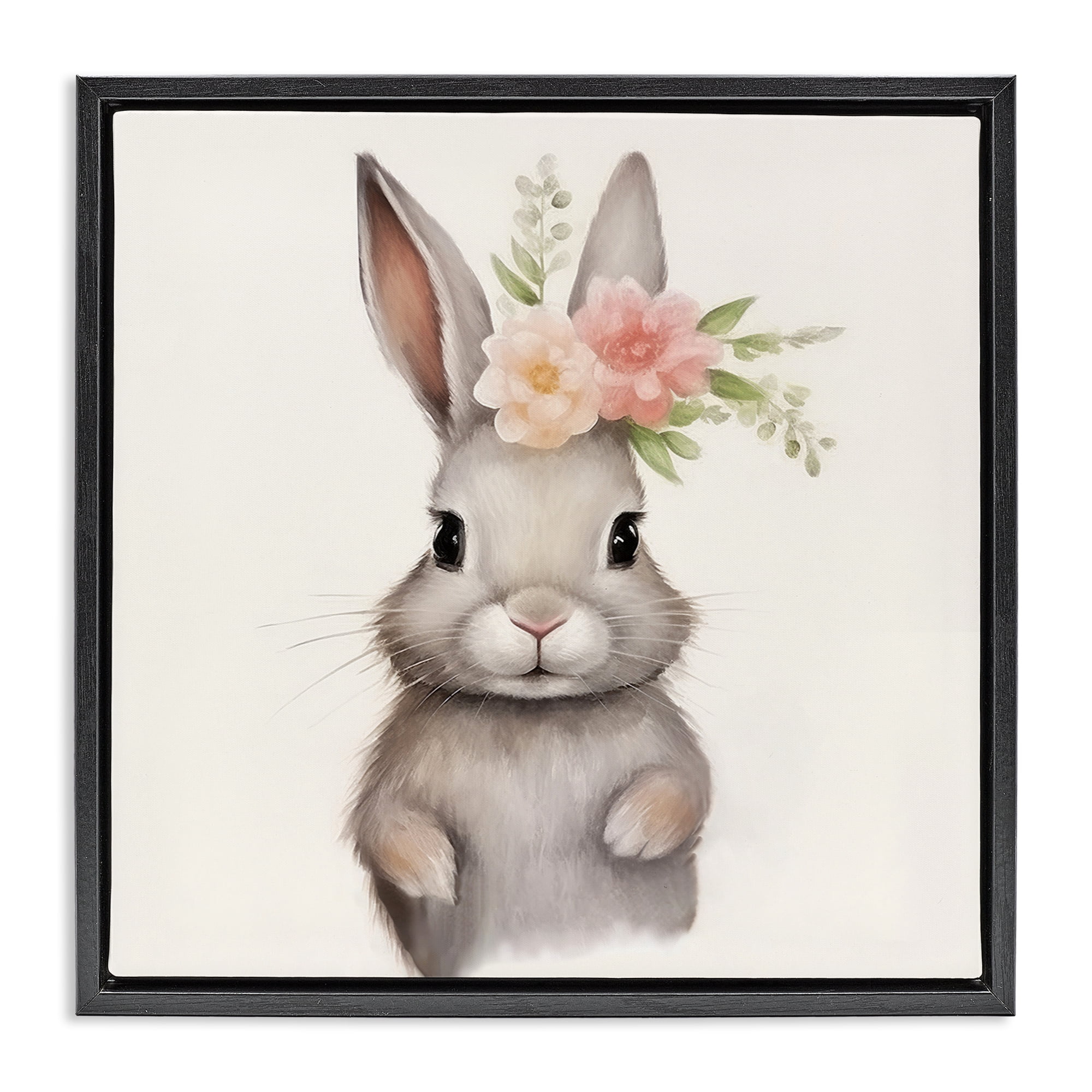 Stupell Industries Sweet Floral Crowned Bunny Black Framed Floater Canvas Wall Art, design by Lazar Studio