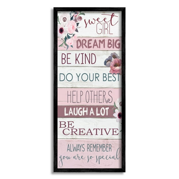 Stupell Industries Sweet Girl Inspirational Phrases Soft Pink Florals Inspirational Painting Black Framed Art Print Wall Art, 10 x 24