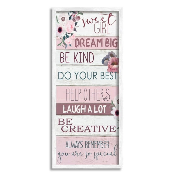 Stupell Industries Sweet Girl Inspirational Phrases Soft Pink Florals Inspirational Painting White Framed Art Print Wall Art, 10 x 24