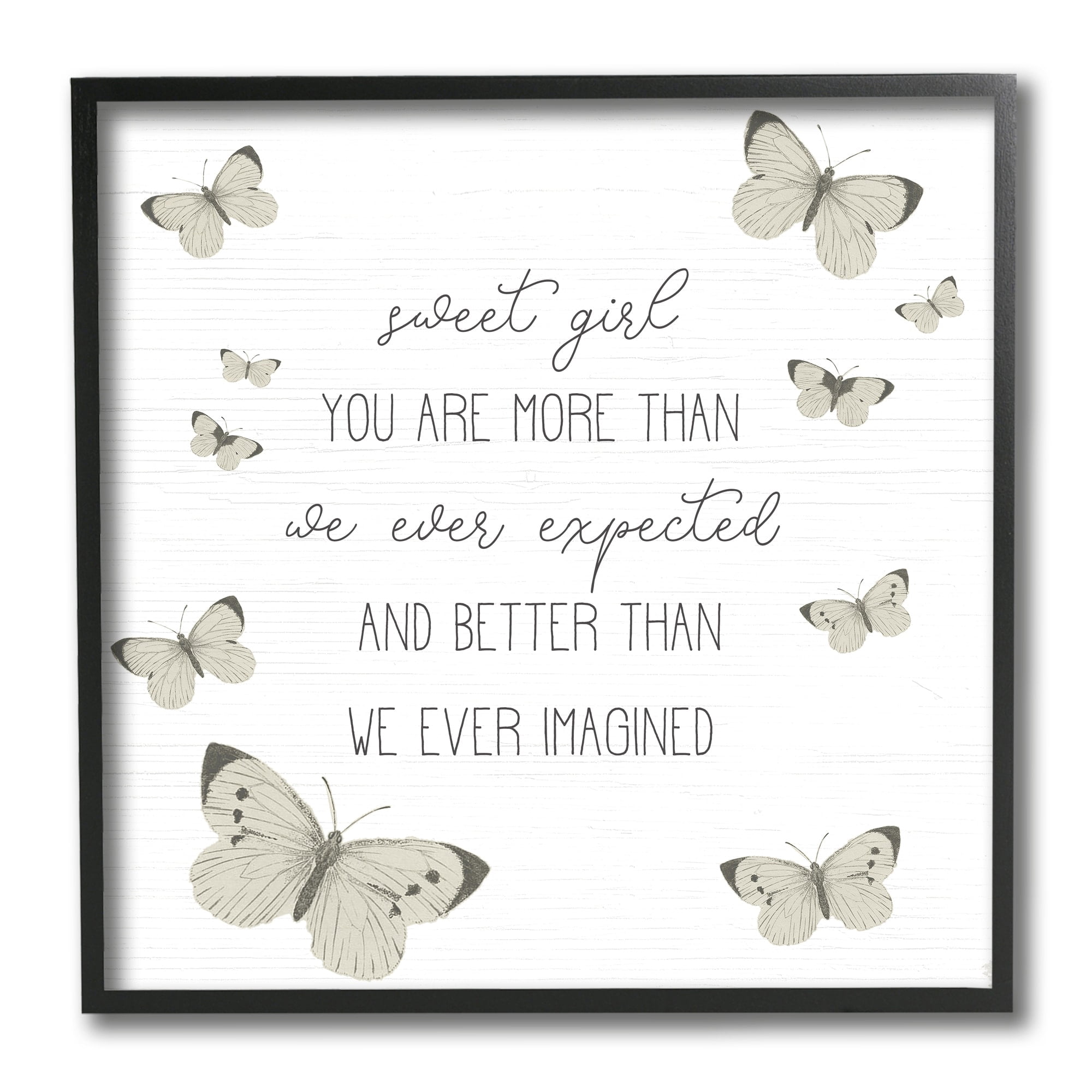 Stupell Industries Sweet Girl More Than Expected Phrase Charming Butterflies Animals & Insects Painting Black Framed Art Print Wall Art, 12 x 12
