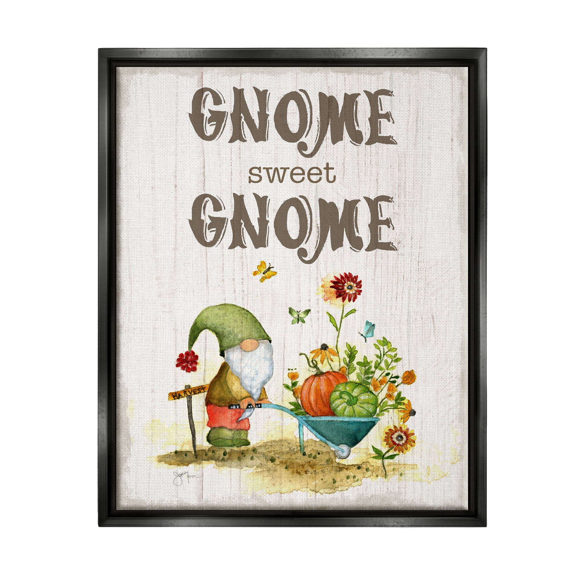 Stupell Industries Sweet Gnome Floral Harvest Botanical & Floral Painting Black Floater Framed Canvas Art Print Wall Art, 17 x 21