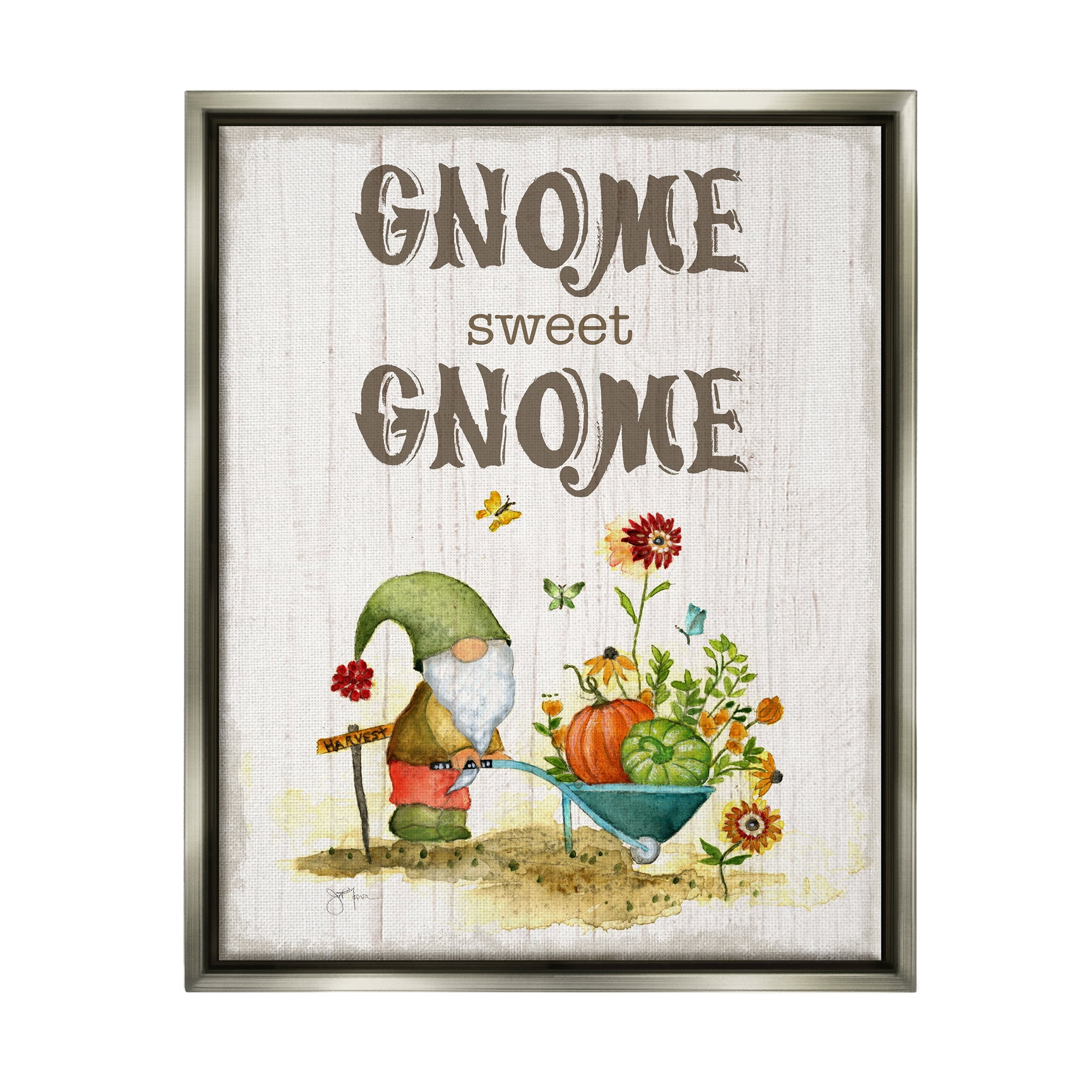 Stupell Industries Sweet Gnome Floral Harvest Botanical & Floral Painting Gray Floater Framed Canvas Art Print Wall Art, 25 x 31