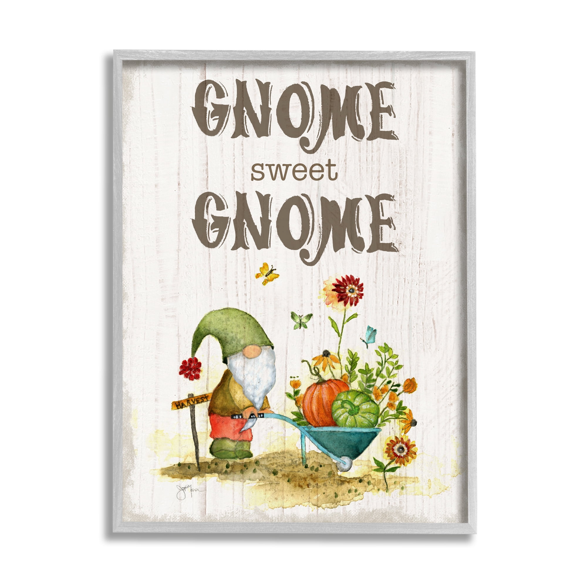 Stupell Industries Sweet Gnome Floral Harvest Botanical & Floral Painting Gray Framed Art Print Wall Art, 11 x 14