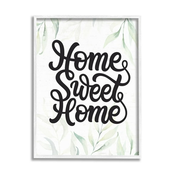 Stupell Industries Sweet Home Bold Retro Calligraphy Plant Leaves Graphic Art White Framed Art Print Wall Art, Design by Lettered and Lined