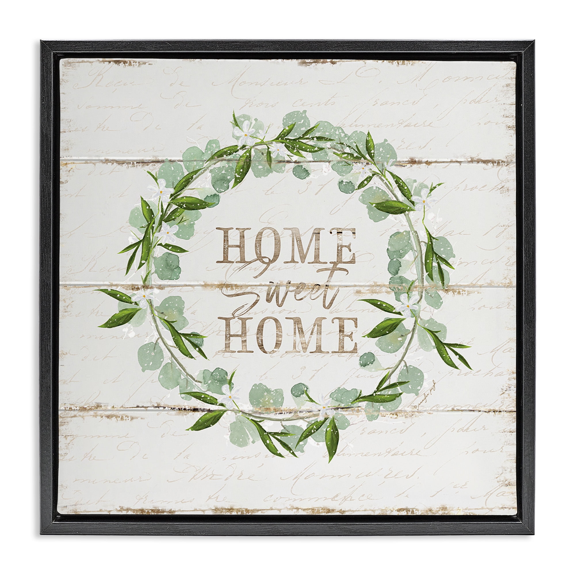 Stupell Industries Sweet Home Eucalyptus Wreath Typography Painting Black Floater Framed Canvas Art Print Wall Art, 25 x 25