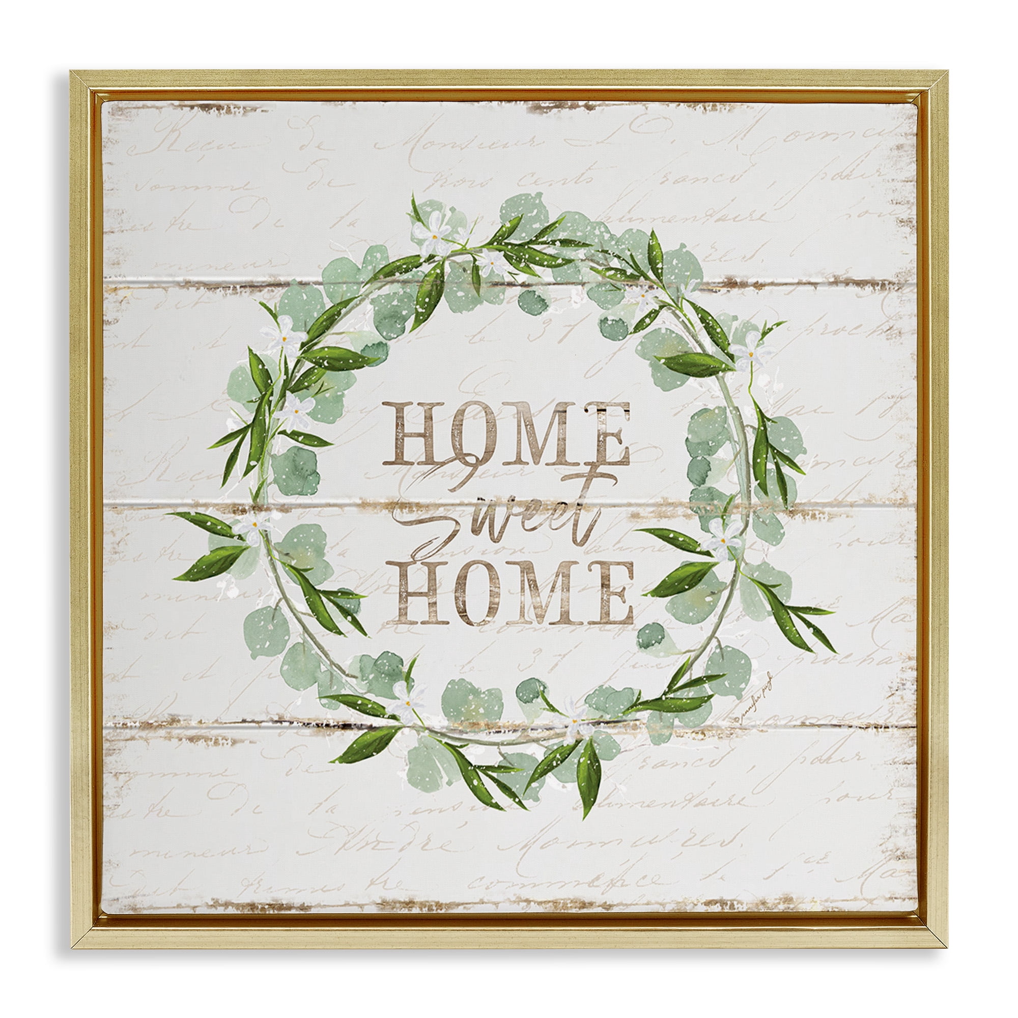 Stupell Industries Sweet Home Eucalyptus Wreath Typography Painting Gold Floater Framed Canvas Art Print Wall Art, 25 x 25