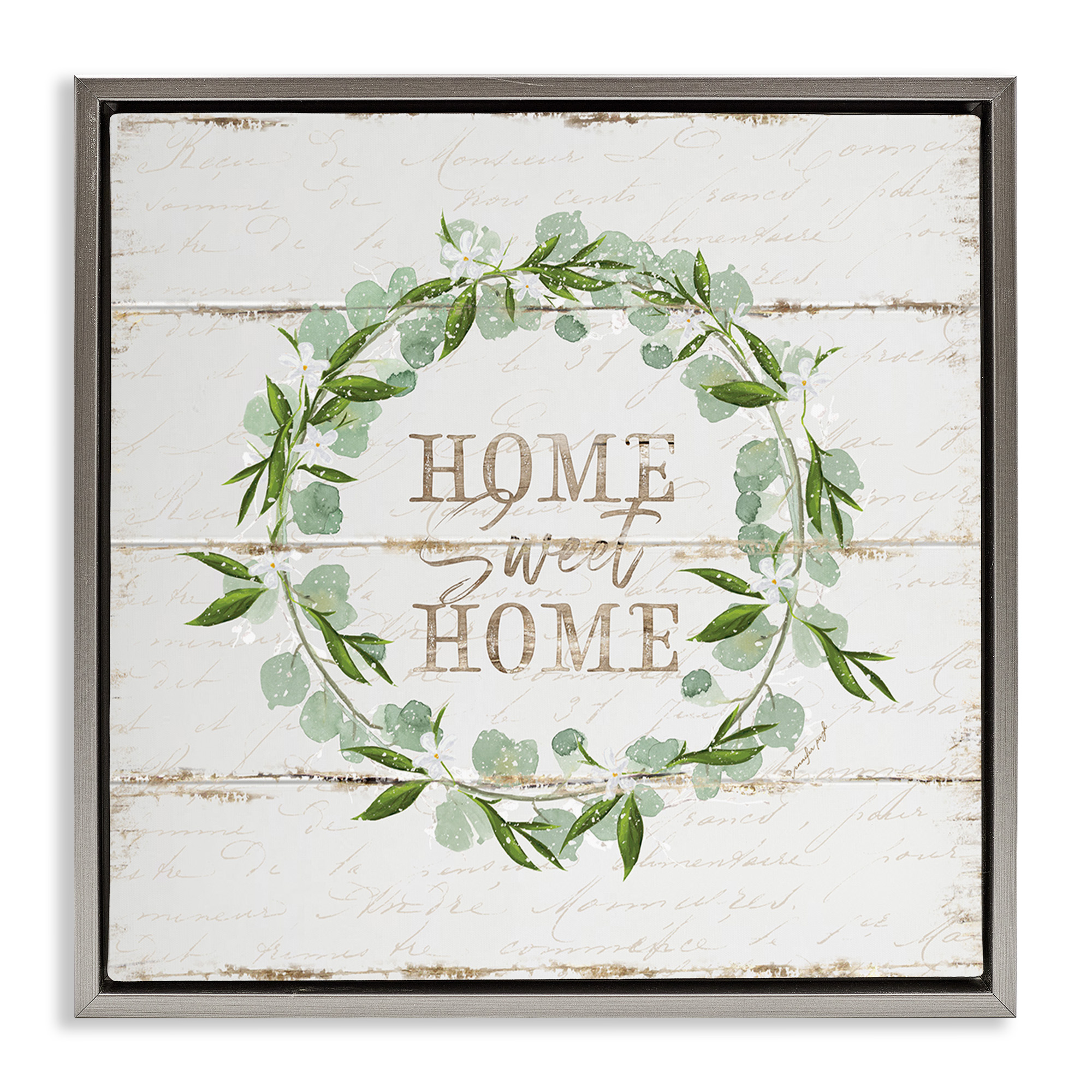 Stupell Industries Sweet Home Eucalyptus Wreath Typography Painting Gray Floater Framed Canvas Art Print Wall Art, 18 x 18