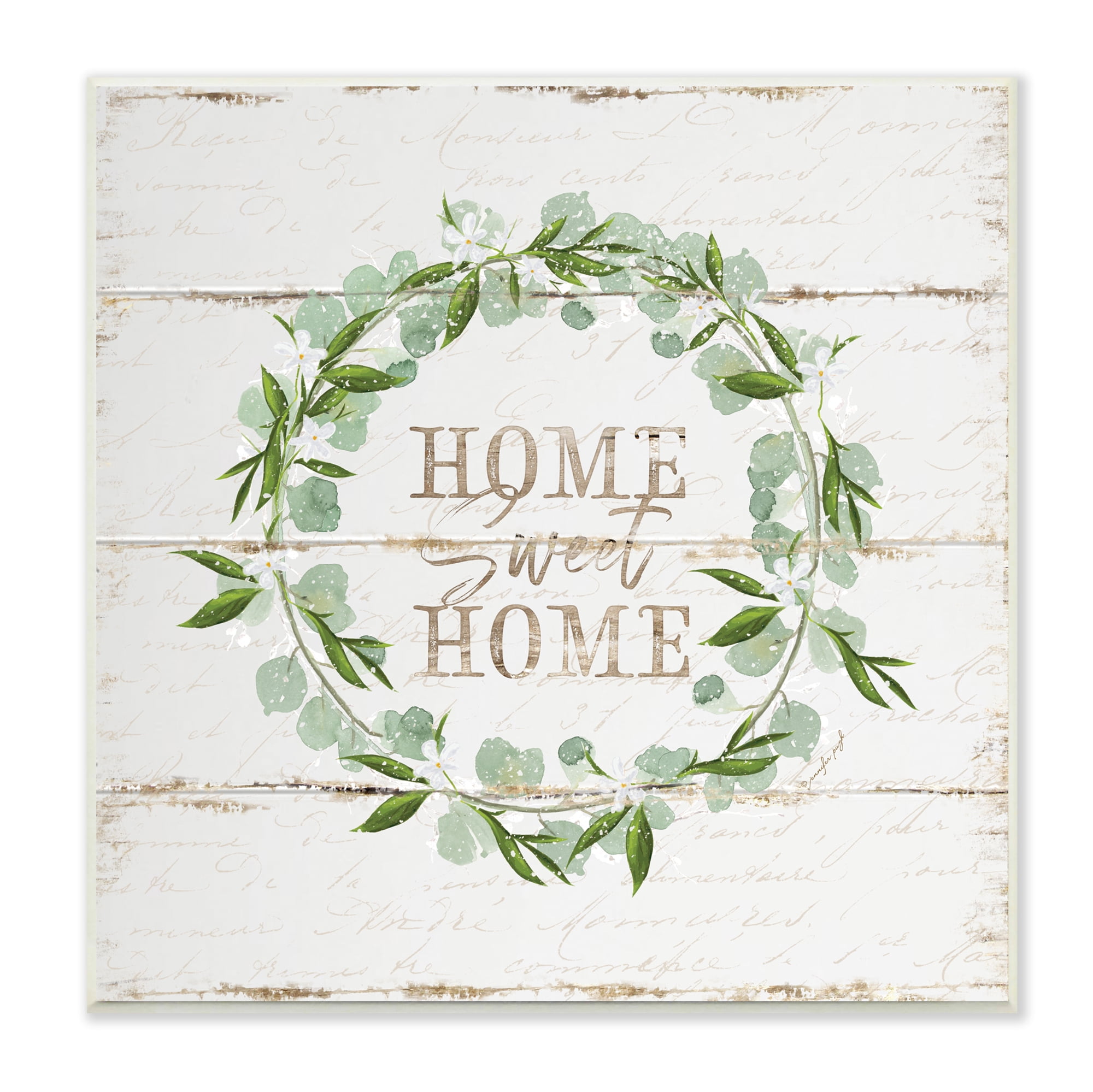 Stupell Industries Sweet Home Greeting Eucalyptus Wreath Rustic Plank Pattern Country Painting Unframed Art Print Wall Art, 12 x 12, Design by Jennifer Pugh