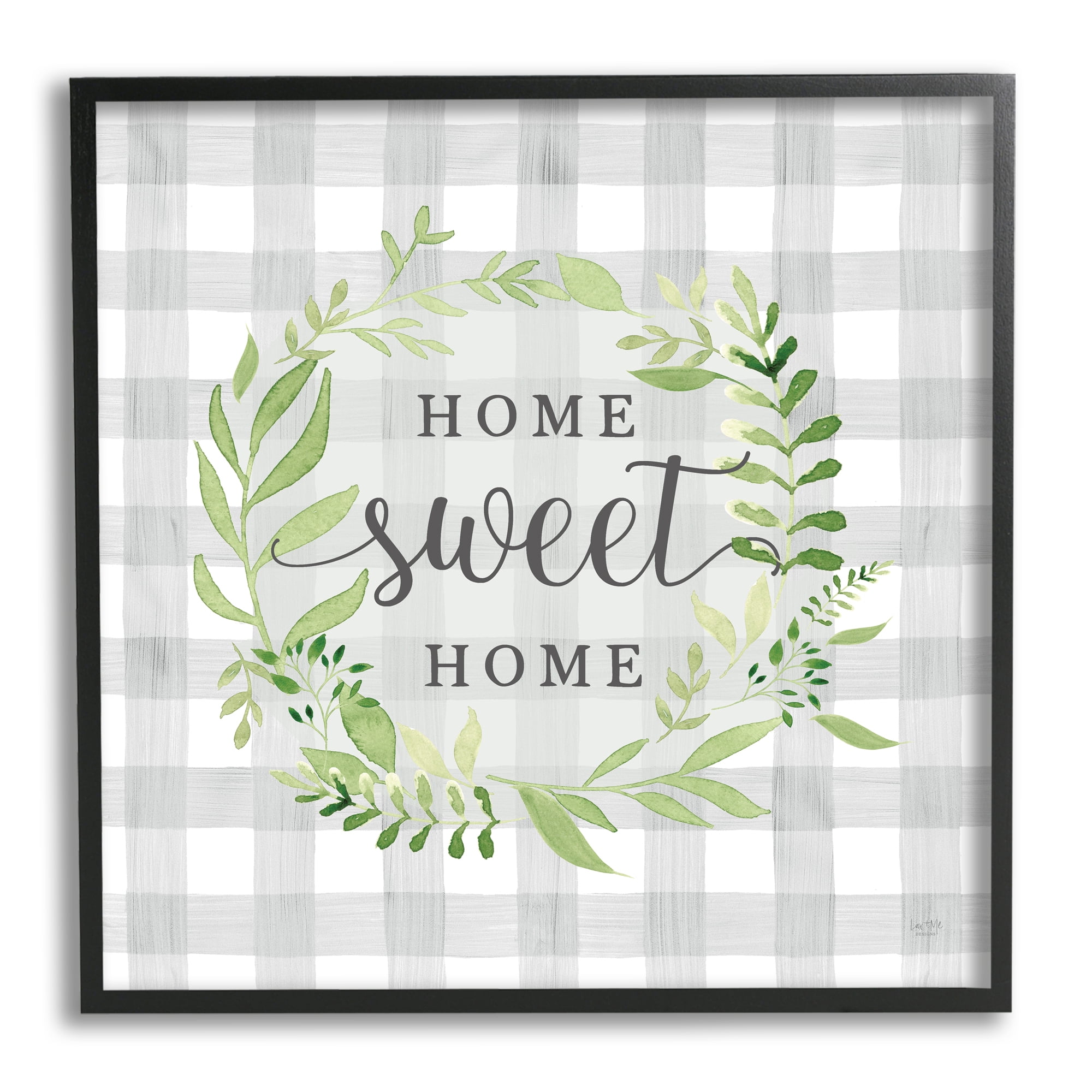 Stupell Industries Sweet Home on Grey Gingham Botanical & Floral Painting Black Framed Art Print Wall Art, 17 x 17