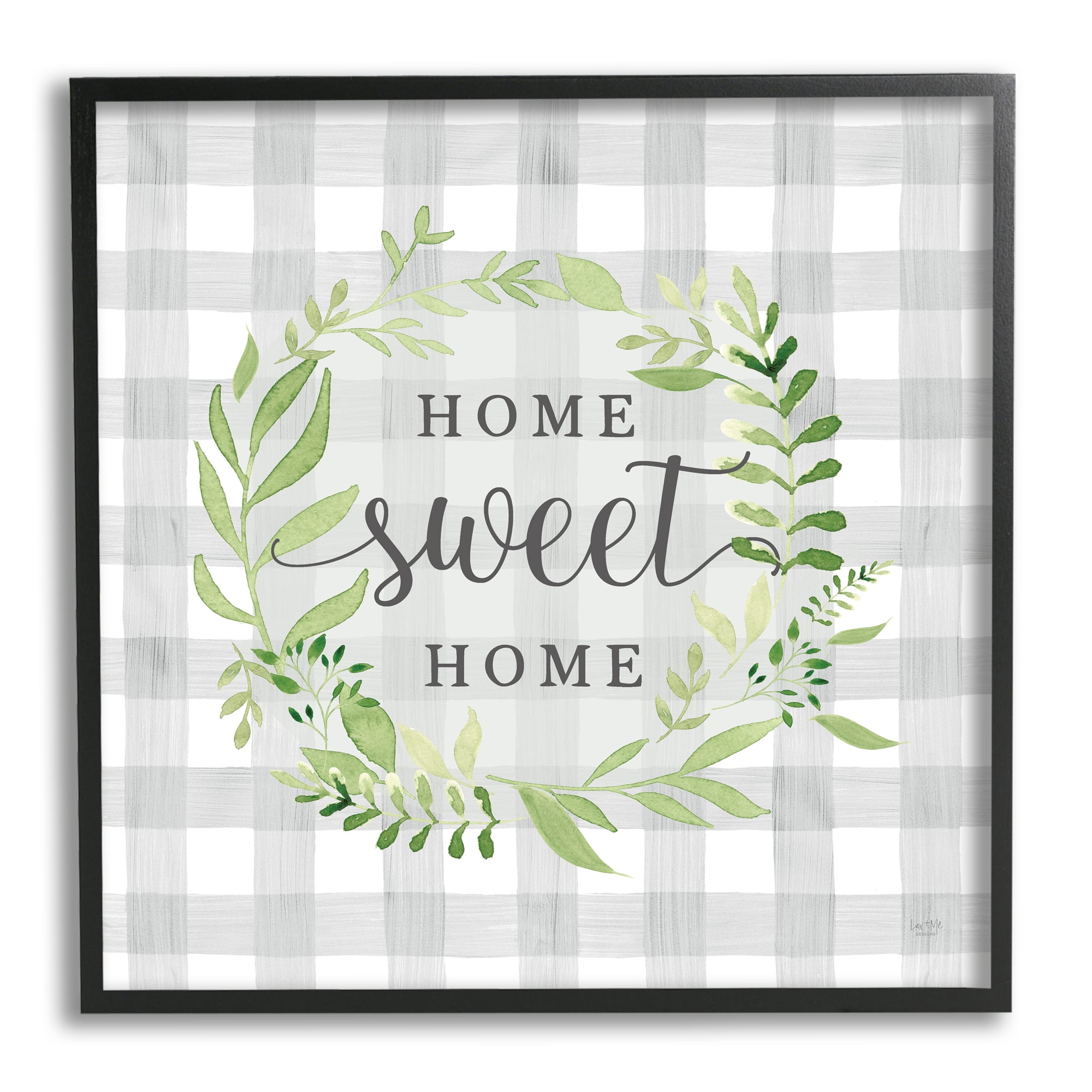 Stupell Industries Sweet Home on Grey Gingham Botanical & Floral Painting Black Framed Art Print Wall Art, 24 x 24