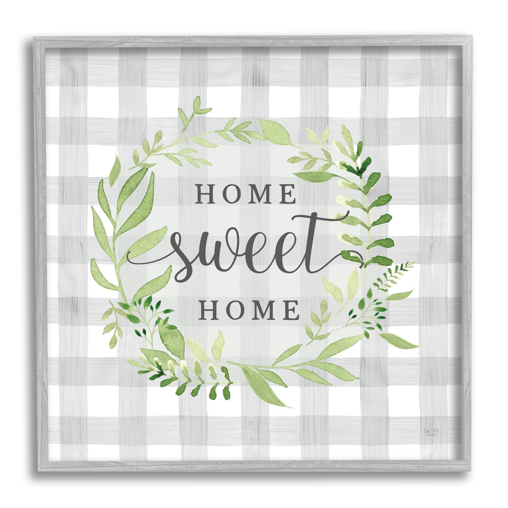 Stupell Industries Sweet Home on Grey Gingham Botanical & Floral Painting Gray Framed Art Print Wall Art, 12 x 12