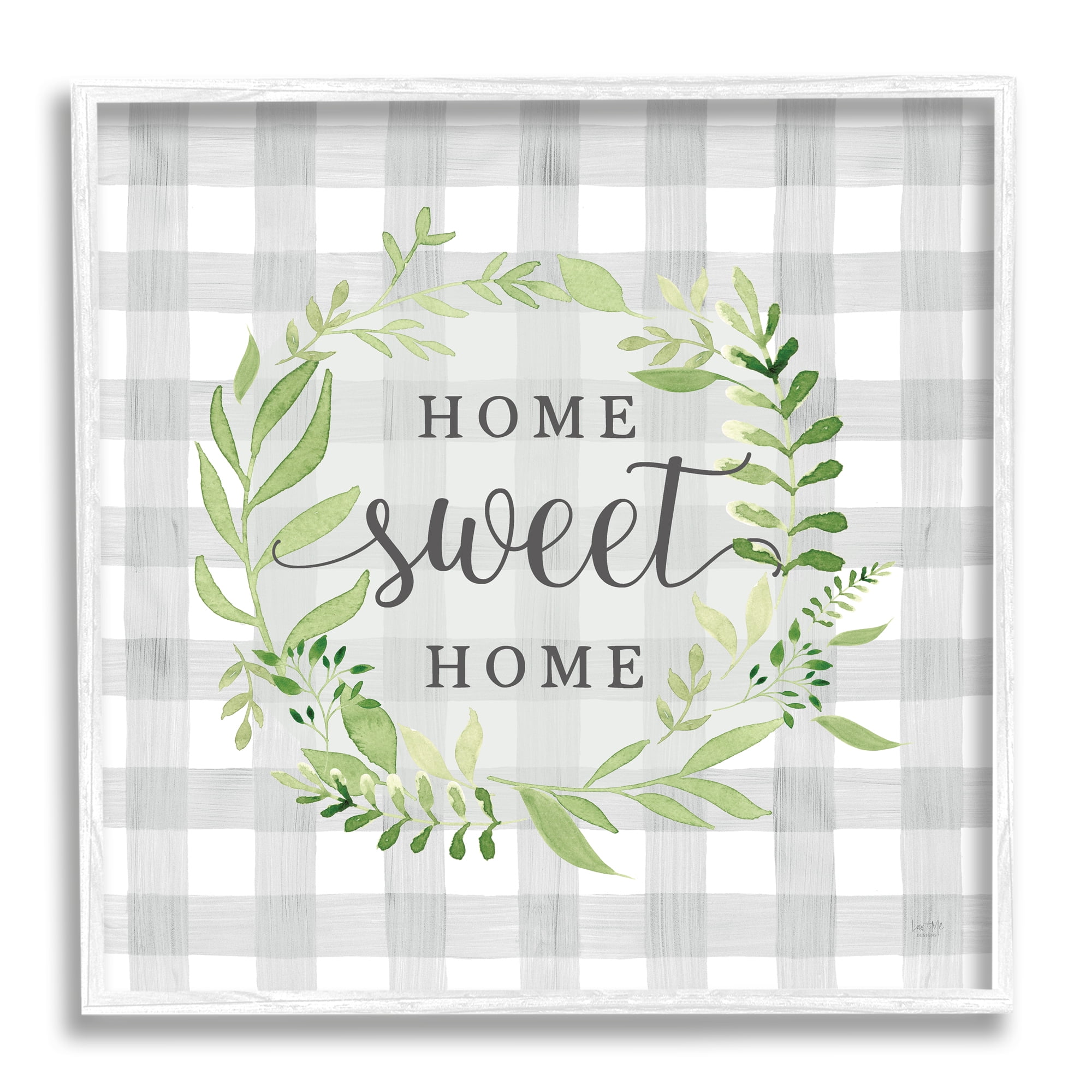Stupell Industries Sweet Home on Grey Gingham Botanical & Floral Painting White Framed Art Print Wall Art, 24 x 24