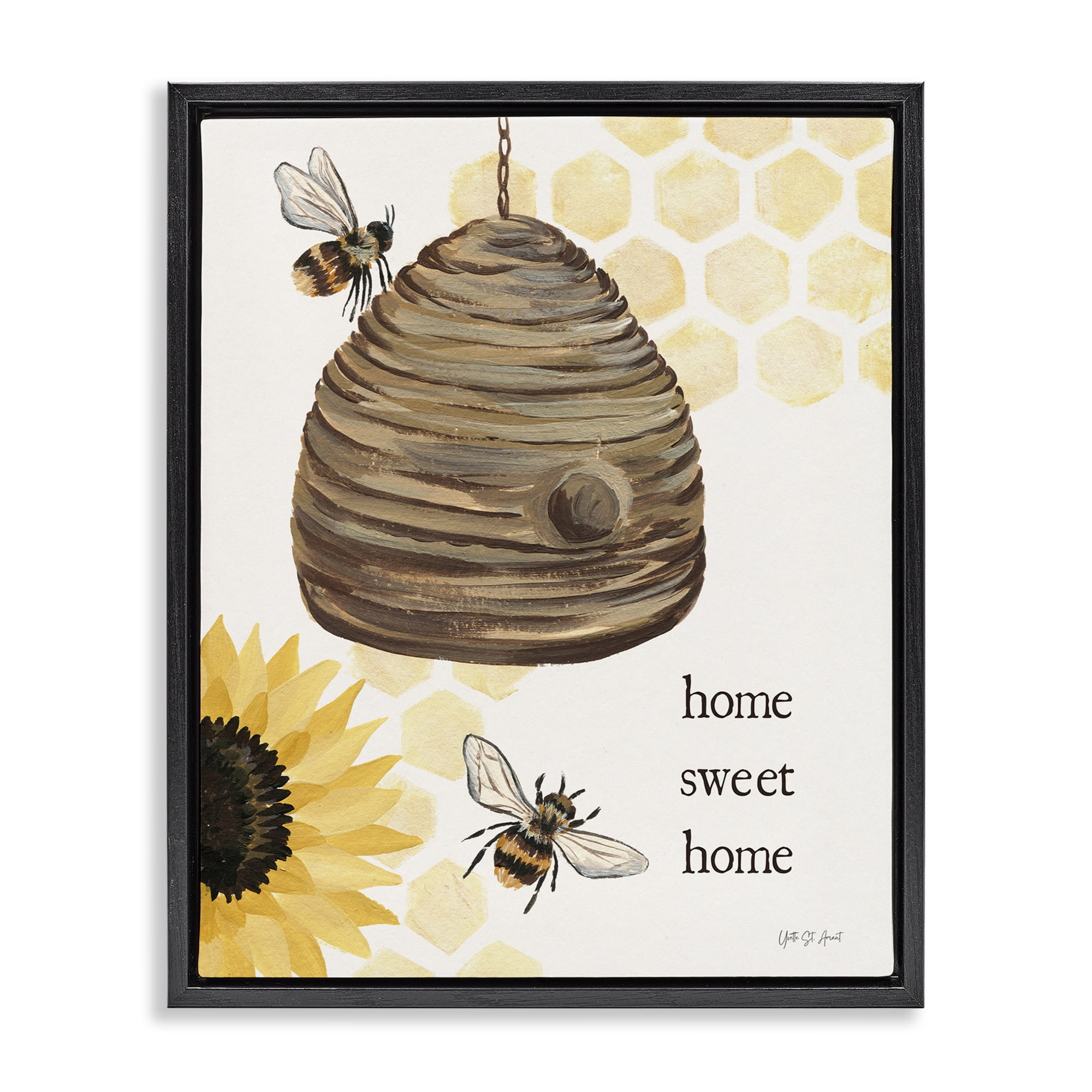 Stupell Industries Sweet Home on Honeycomb Botanical & Floral Painting Black Floater Framed Canvas Art Print Wall Art, 17 x 21