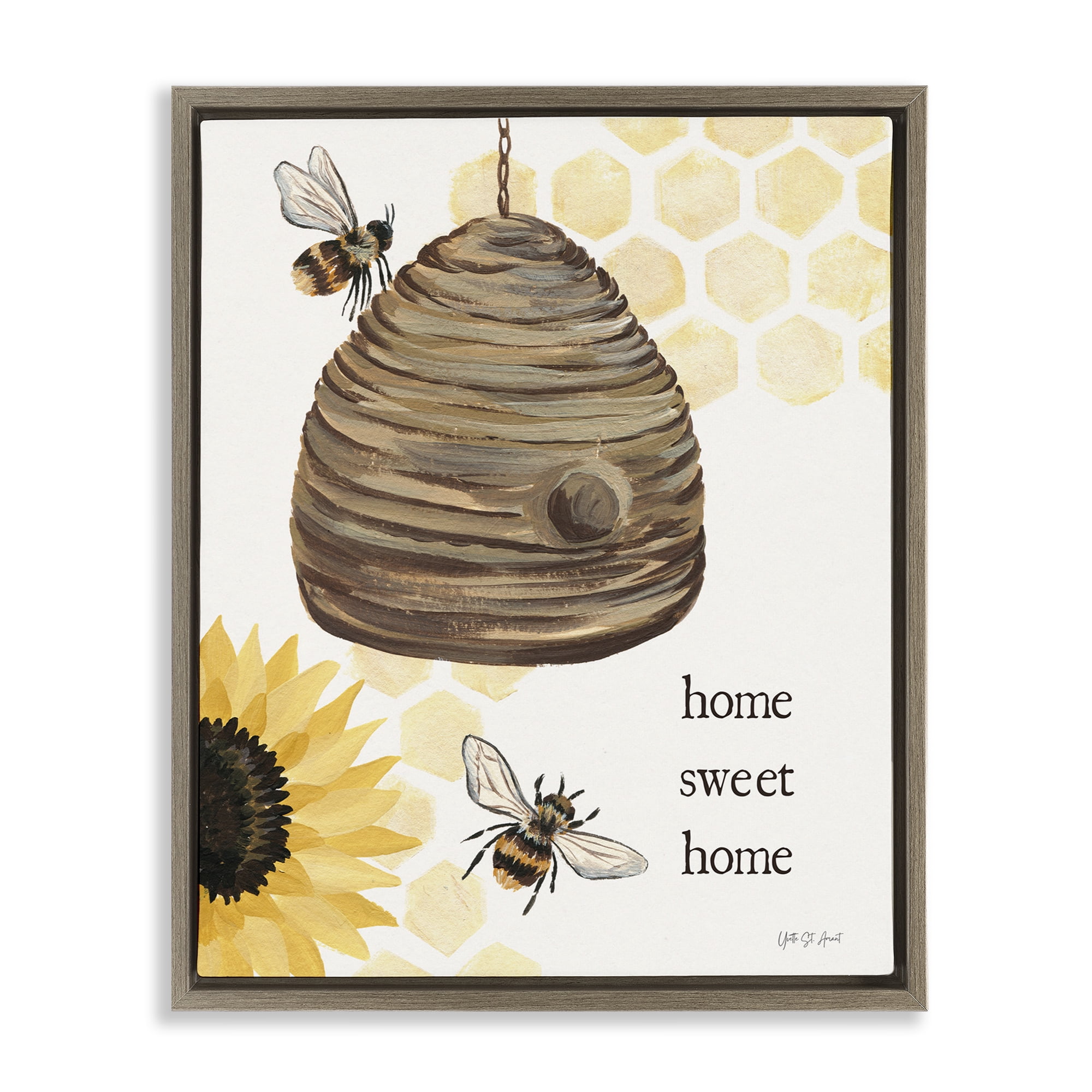 Stupell Industries Sweet Home on Honeycomb Botanical & Floral Painting Brown Floater Framed Canvas Art Print Wall Art, 17 x 21