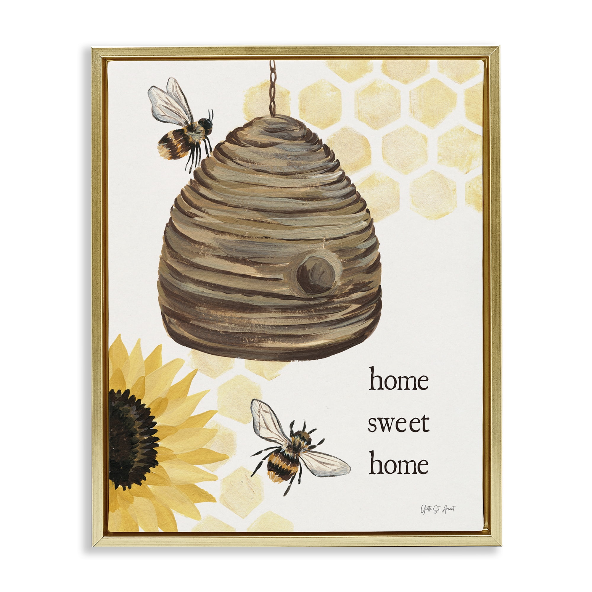 Stupell Industries Sweet Home on Honeycomb Botanical & Floral Painting Gold Floater Framed Canvas Art Print Wall Art, 25 x 31