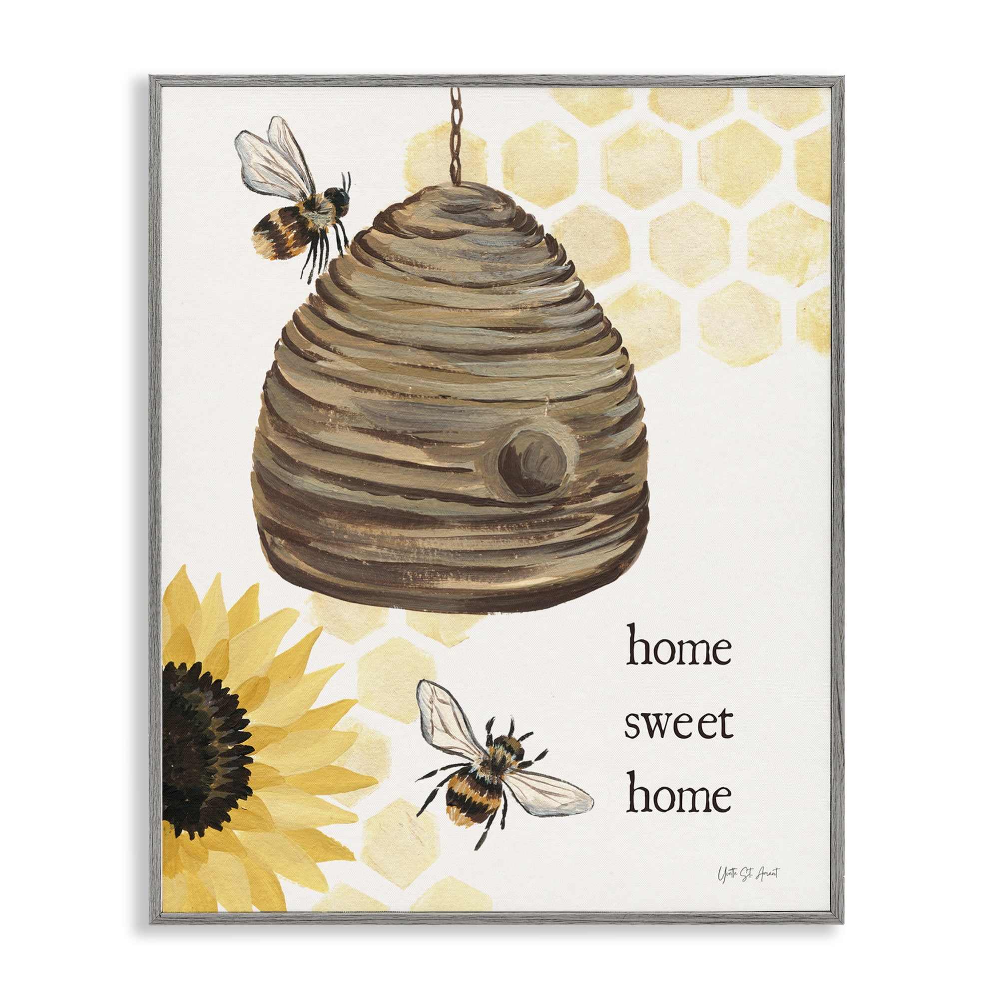 Stupell Industries Sweet Home on Honeycomb Botanical & Floral Painting Gray Framed Art Print Wall Art, 24 x 30