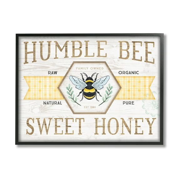 Stupell Industries Sweet Honey Bumble Bee Sign Country Tartan Banner Graphic Art Black Framed Art Print Wall Art, Design by Jennifer Pugh