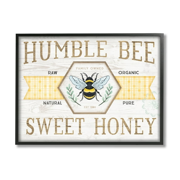 Stupell Industries Sweet Honey Bumble Bee Sign Country Tartan Banner Graphic Art Black Framed Art Print Wall Art, Design by Jennifer Pugh