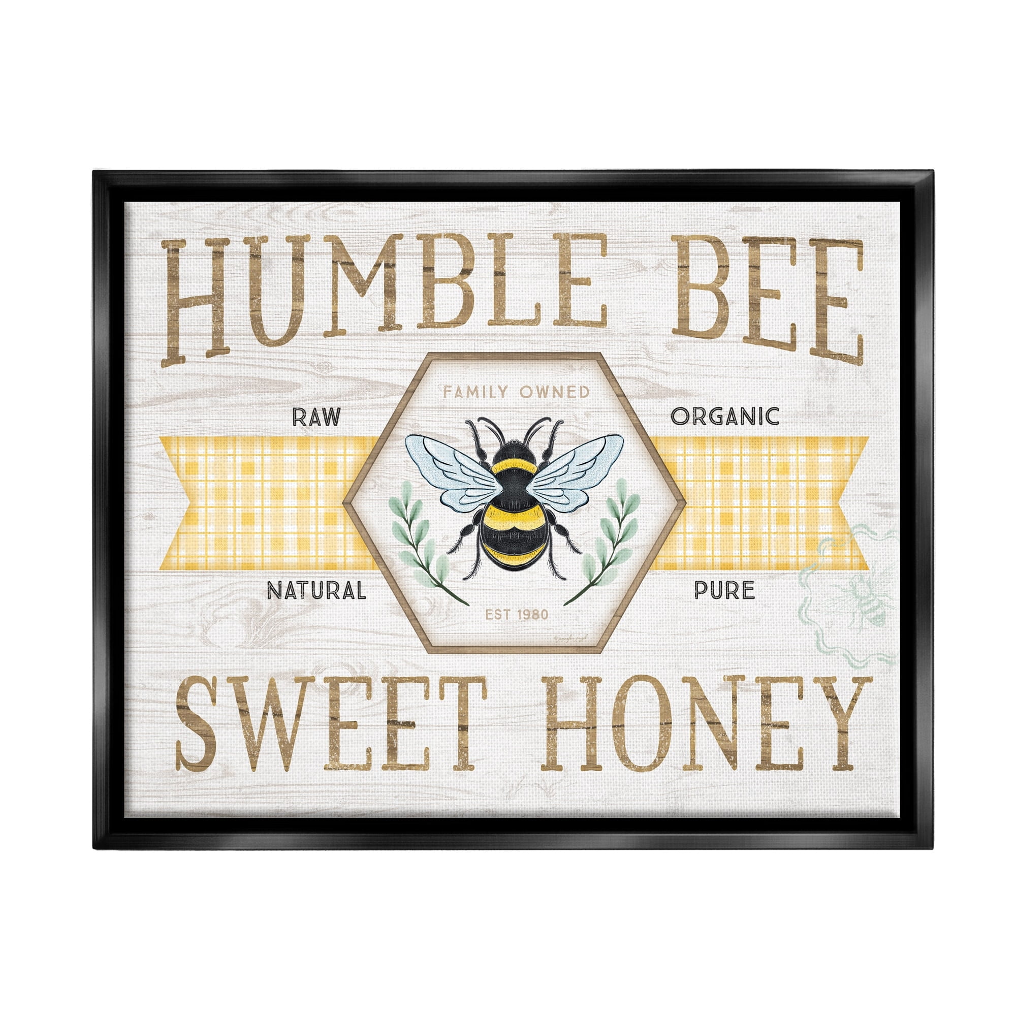 Stupell Industries Sweet Honey Bumble Bee Sign Country Tartan Banner Graphic Art Jet Black Floating Framed Canvas Print Wall Art, Design by Jennifer Pugh