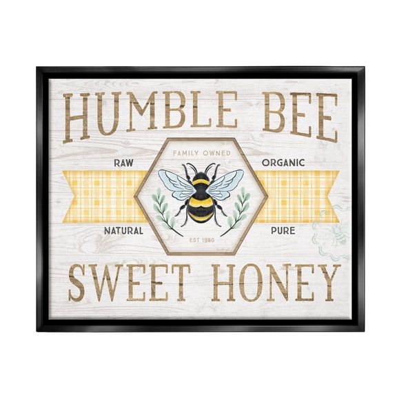 Stupell Industries Sweet Honey Bumble Bee Sign Country Tartan Banner Graphic Art Jet Black Floating Framed Canvas Print Wall Art, Design by Jennifer Pugh