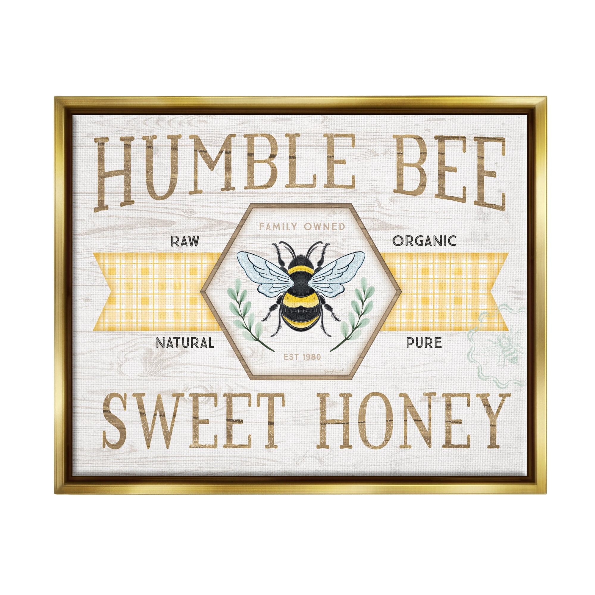 Stupell Industries Sweet Honey Bumble Bee Sign Country Tartan Banner Graphic Art Metallic Gold Floating Framed Canvas Print Wall Art, Design by Jennifer Pugh