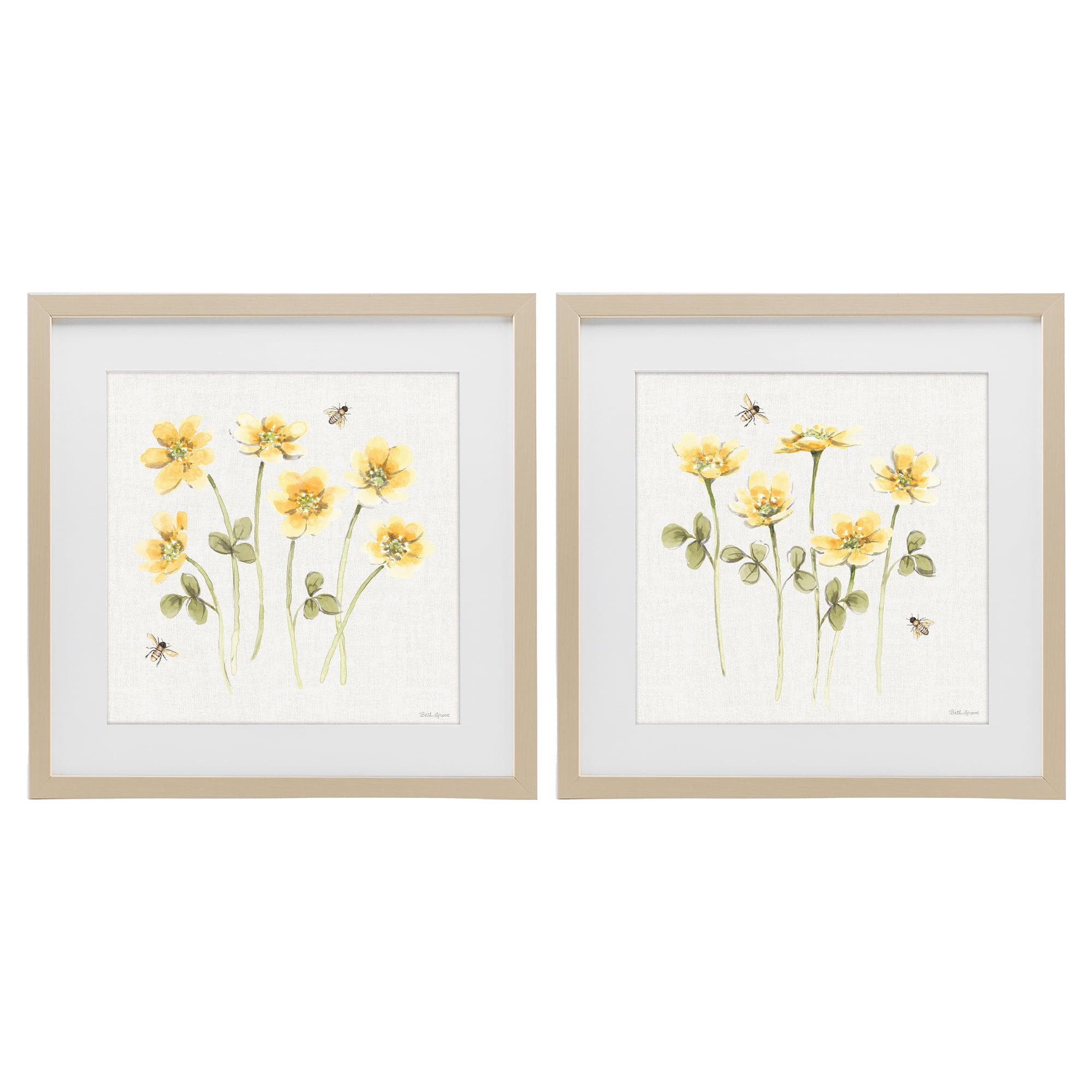 Stupell Industries Sweet Honey Flowers & Bees 2 Piece Birch Framed Print Under Glass Set, design by Beth Grove