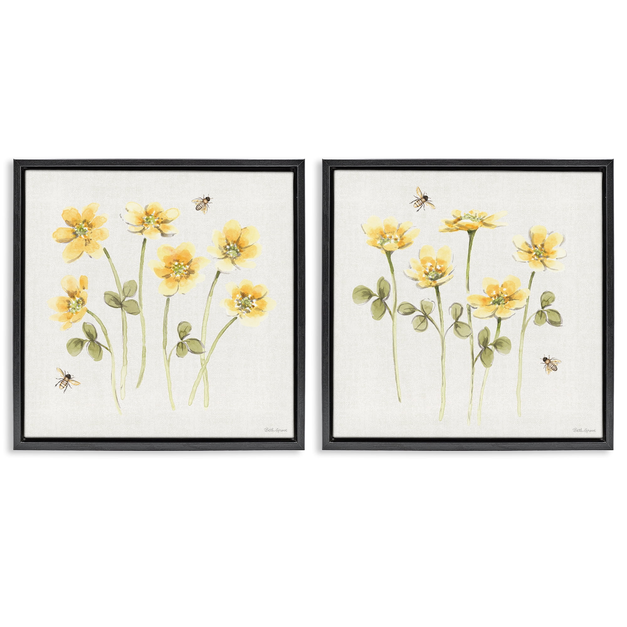 Stupell Industries Sweet Honey Flowers & Bees 2 Piece Black Framed Floater Canvas Set, design by Beth Grove