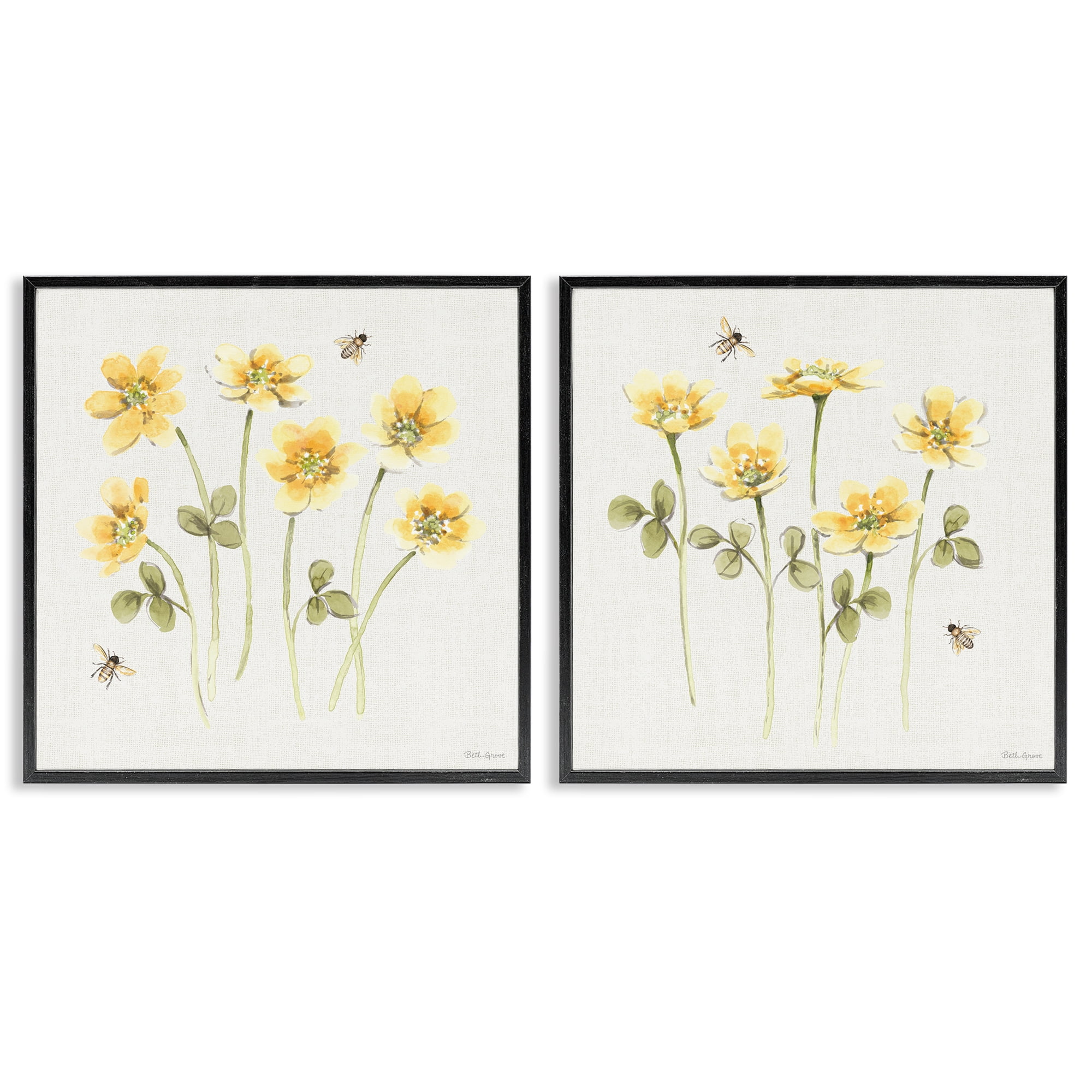 Stupell Industries Sweet Honey Flowers & Bees 2 Piece Black Framed Giclee Art Set, design by Beth Grove