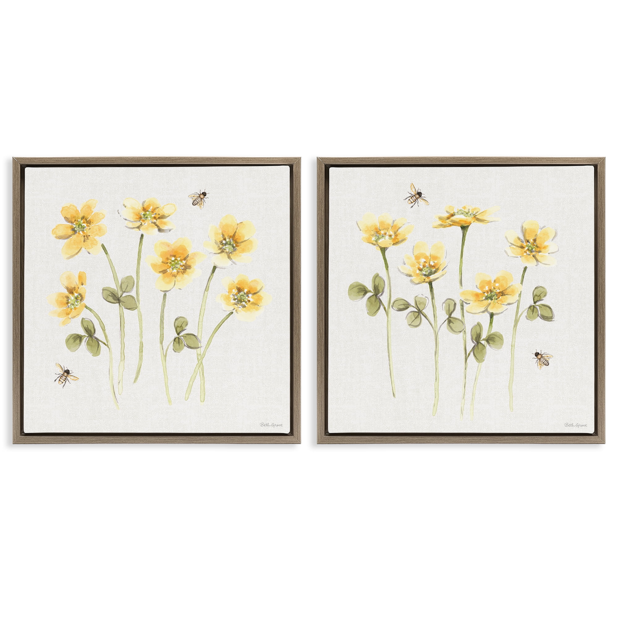 Stupell Industries Sweet Honey Flowers & Bees 2 Piece Brown Framed Floater Canvas Set, design by Beth Grove