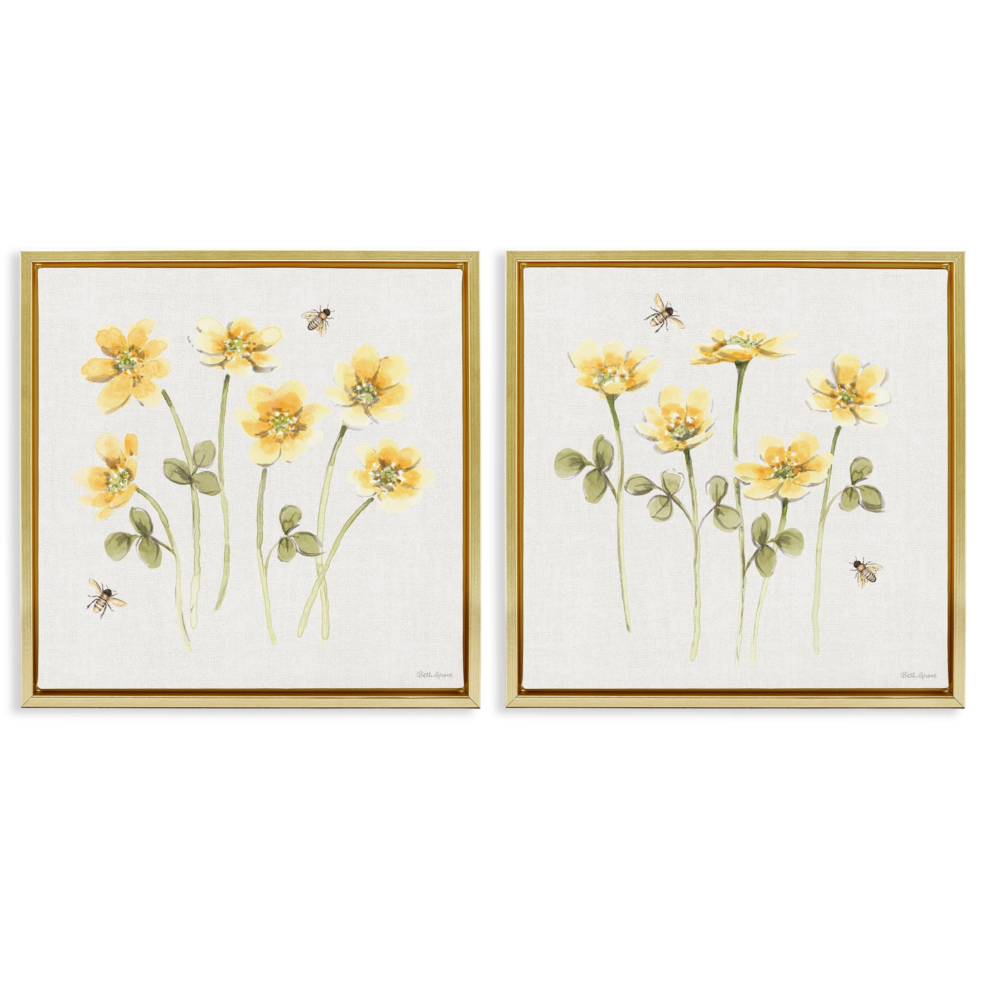 Stupell Industries Sweet Honey Flowers & Bees 2 Piece Gold Framed Floater Canvas Set, design by Beth Grove
