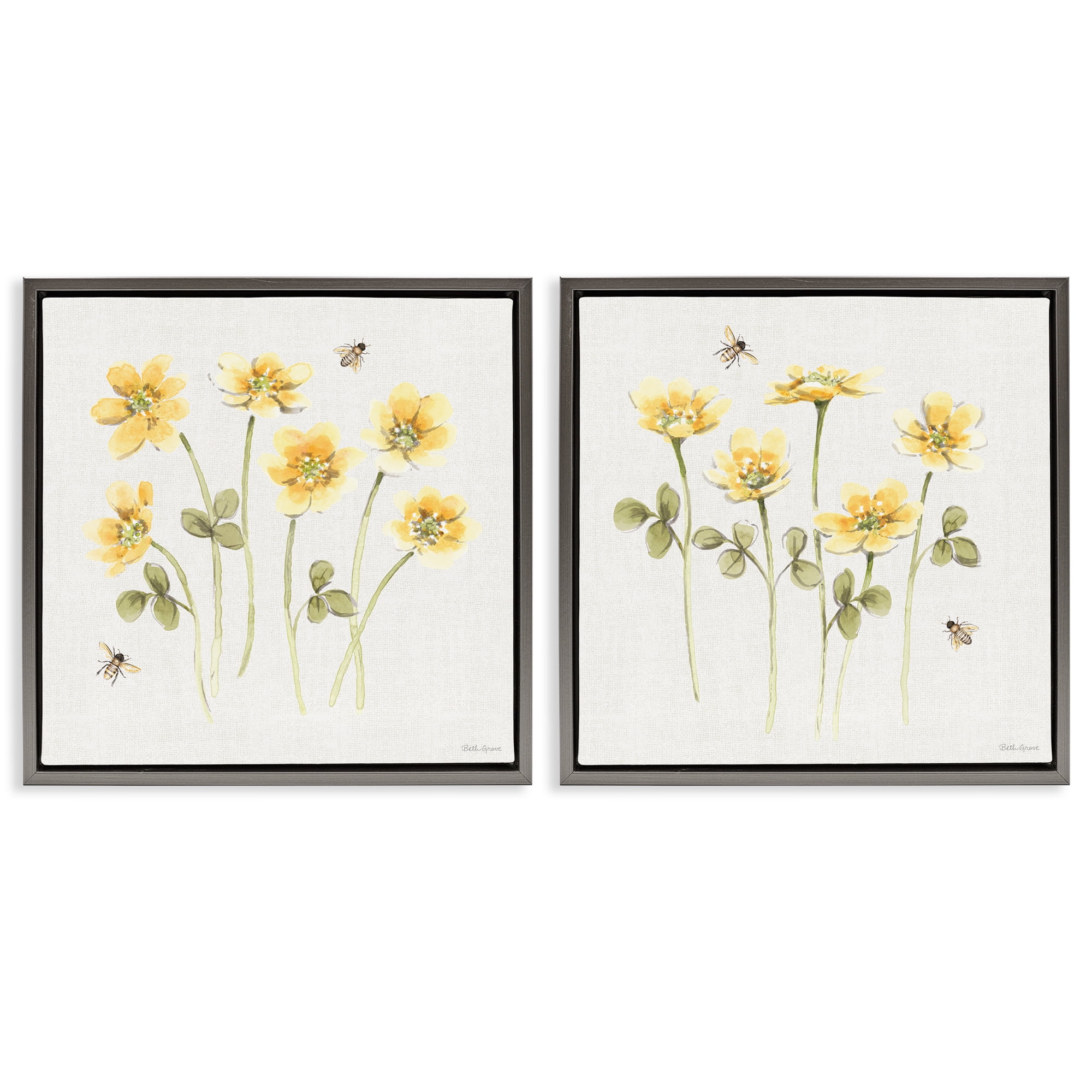 Stupell Industries Sweet Honey Flowers & Bees 2 Piece Gray Framed Floater Canvas Set, design by Beth Grove
