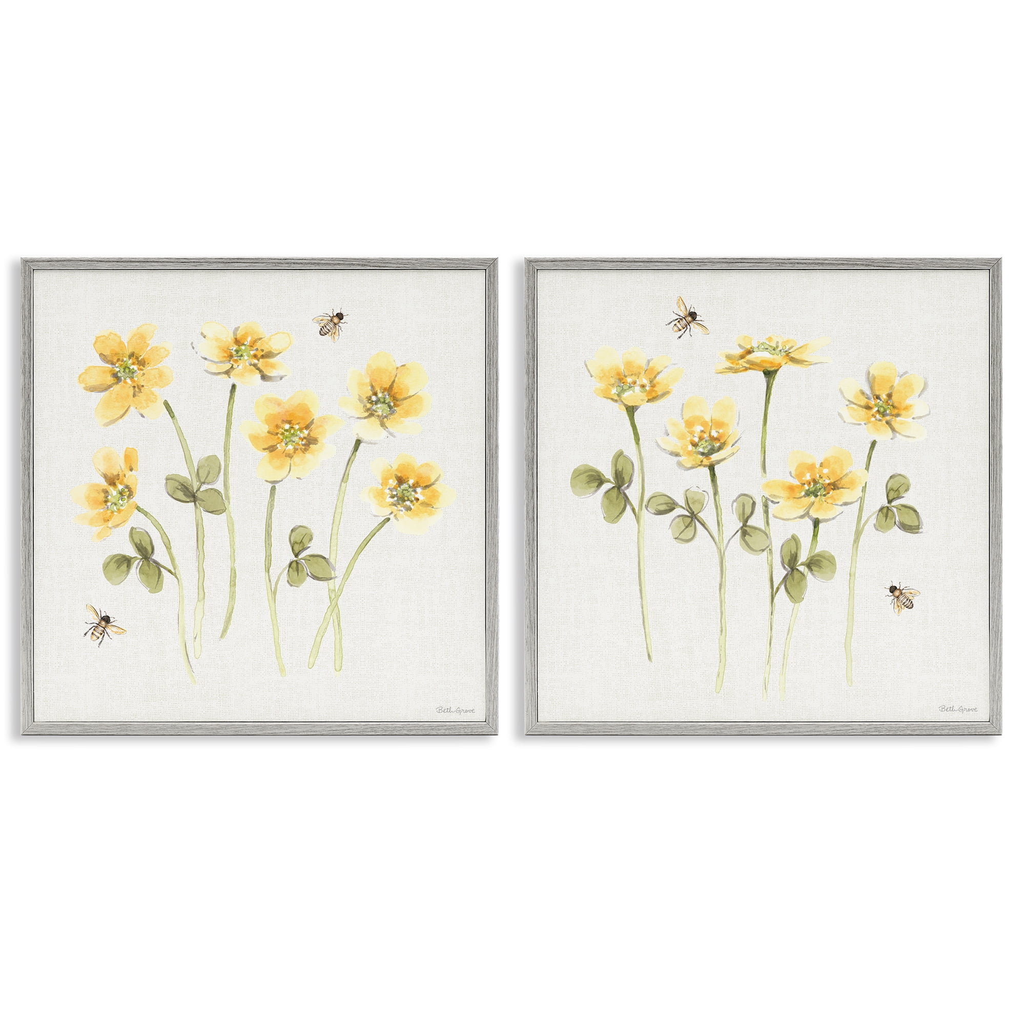 Stupell Industries Sweet Honey Flowers & Bees 2 Piece Gray Framed Giclee Art Set, design by Beth Grove