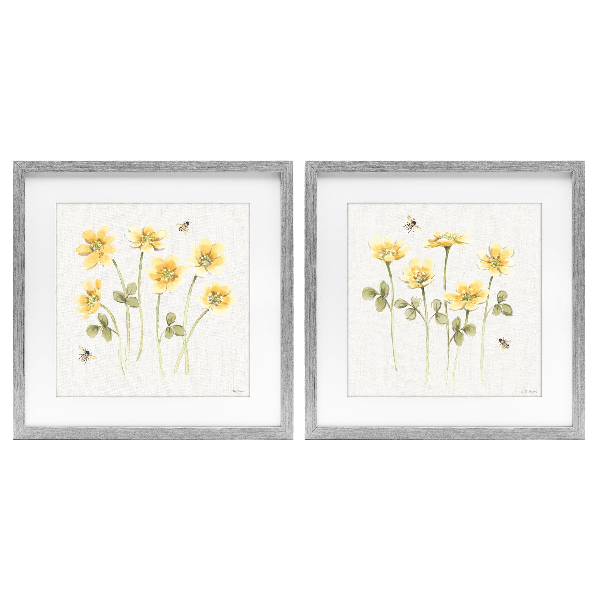 Stupell Industries Sweet Honey Flowers & Bees 2 Piece Gray Framed Print Under Glass Set, design by Beth Grove