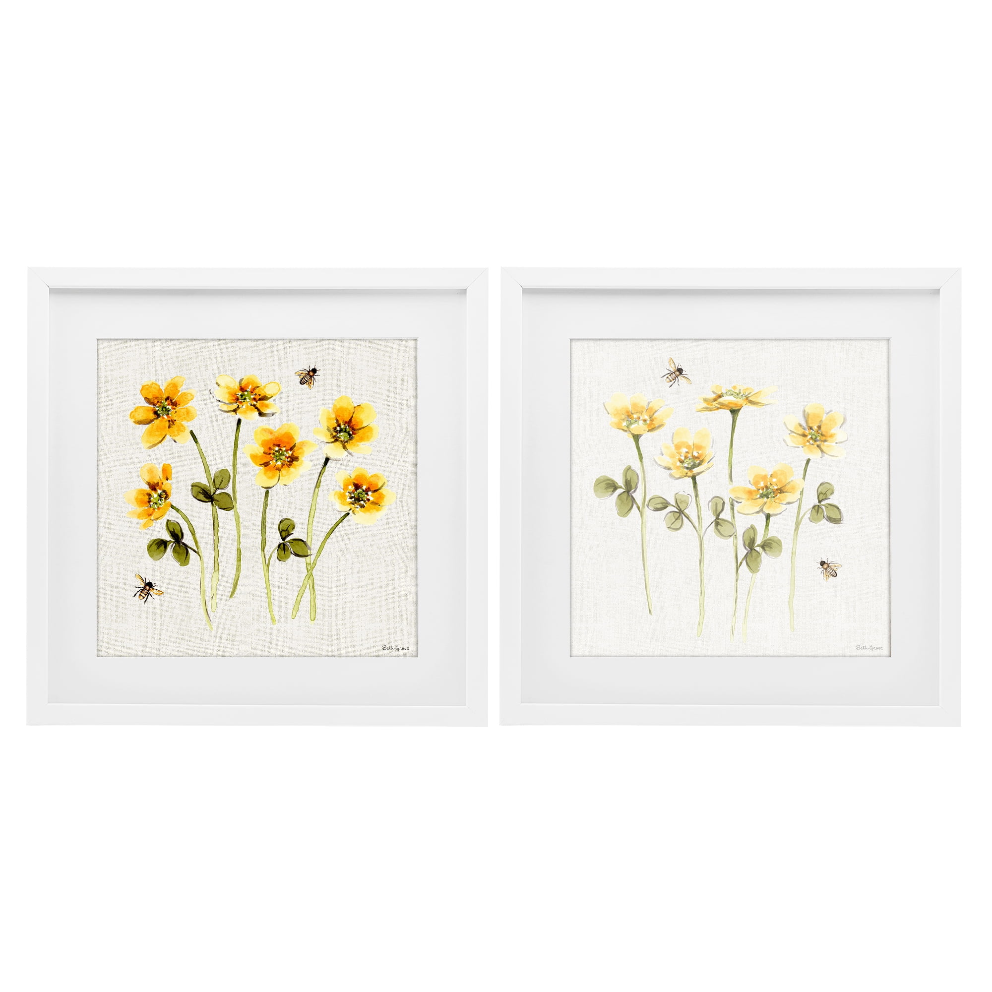 Stupell Industries Sweet Honey Flowers & Bees 2 Piece White Framed Print Under Glass Set, design by Beth Grove