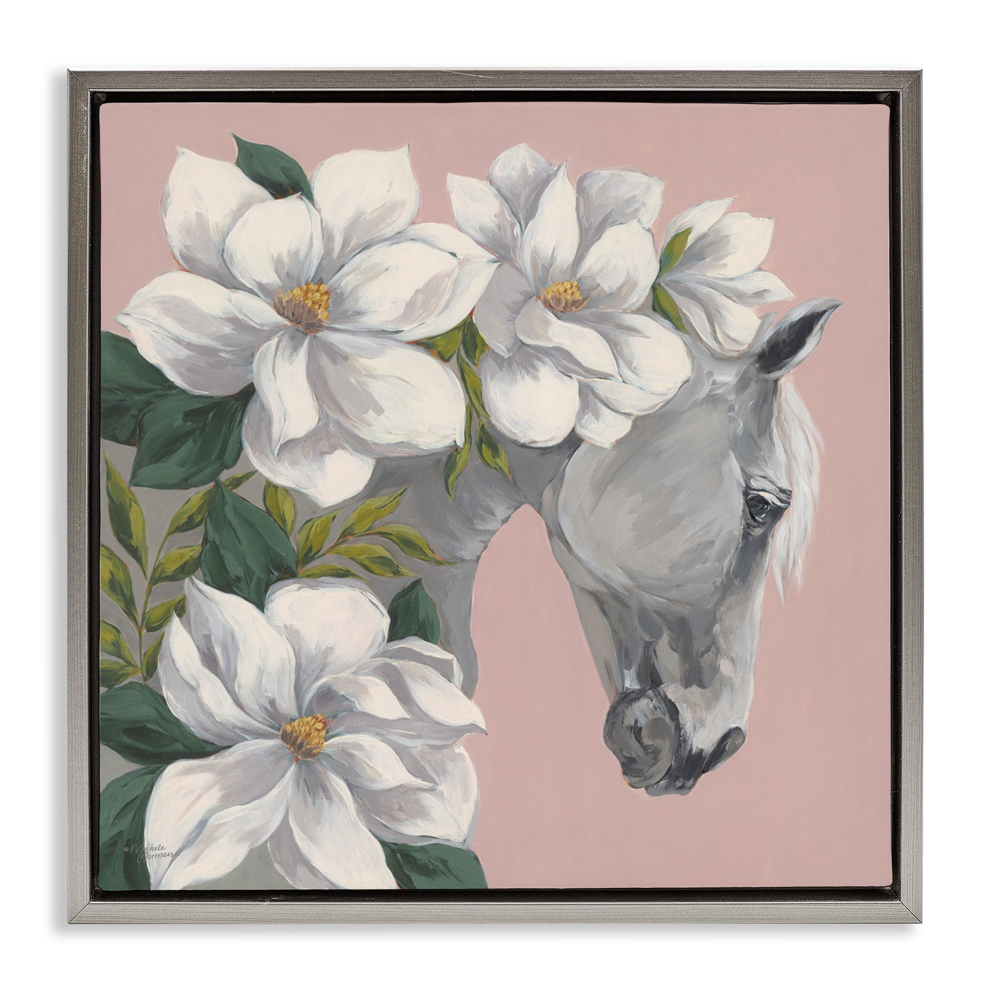 Stupell Industries Sweet Maggie Floral Horse Gray Framed Floater Canvas Wall Art, design by Michele Norman