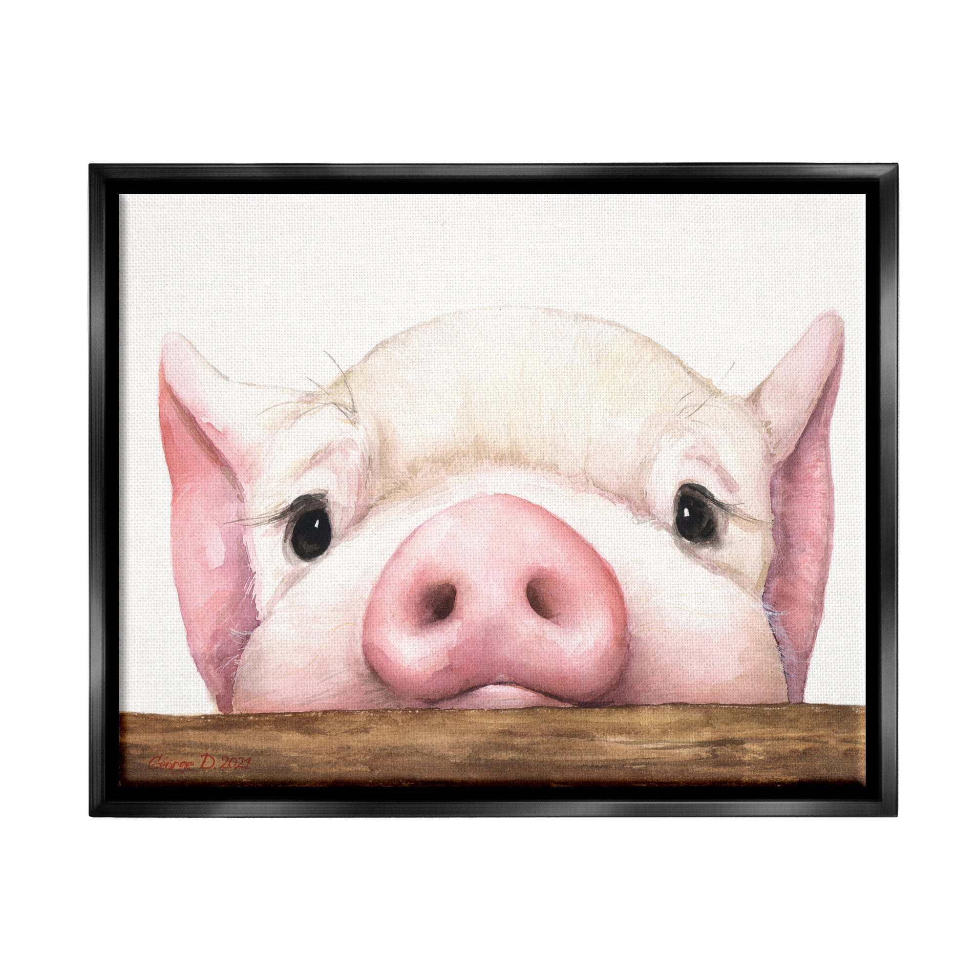 Stupell Industries Sweet Pink Pig Resting Snout Farm Animal Illustration Painting Jet Black Floating Framed Canvas Print Wall Art, Design by George Dyachenko